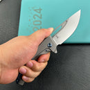 KUBEY KB368G Hyperion Frame Lock Flipper Knife Grey Titanium Handle w/ Micro Milling Lines 3.5" Sandblast CPM-S35VN