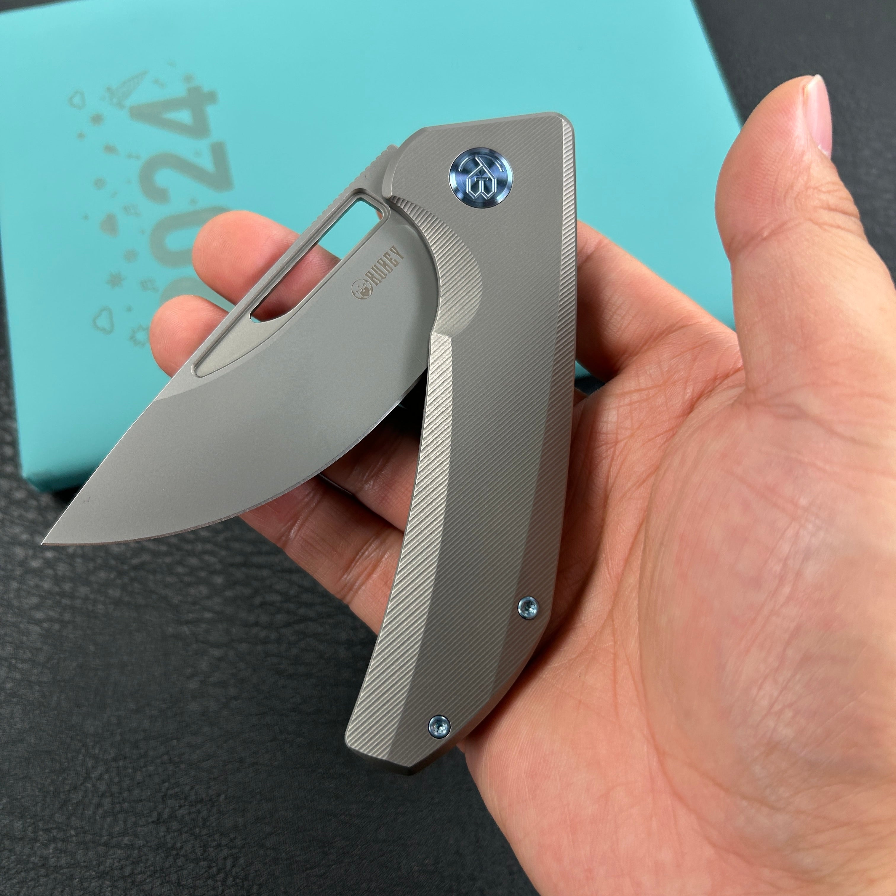 KUBEY KB368G Hyperion Frame Lock Flipper Knife Grey Titanium Handle w/ Micro Milling Lines 3.5" Sandblast CPM-S35VN