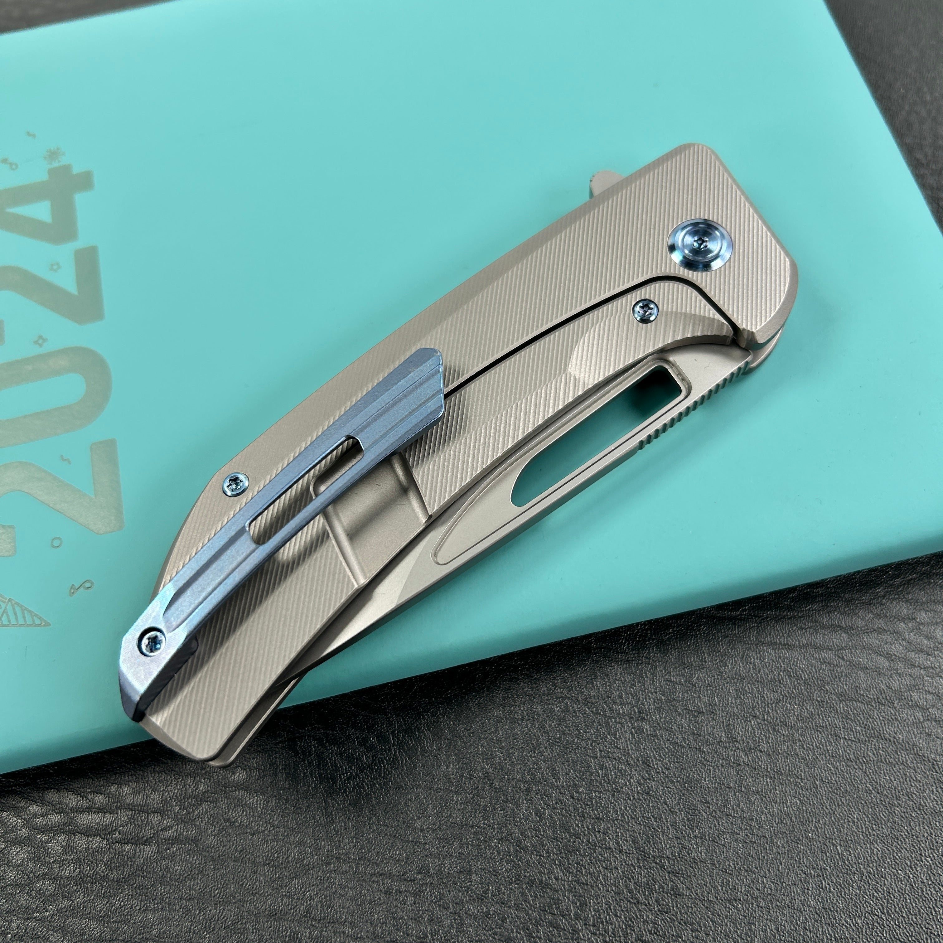 KUBEY KB368G Hyperion Frame Lock Flipper Knife Grey Titanium Handle w/ Micro Milling Lines 3.5" Sandblast CPM-S35VN