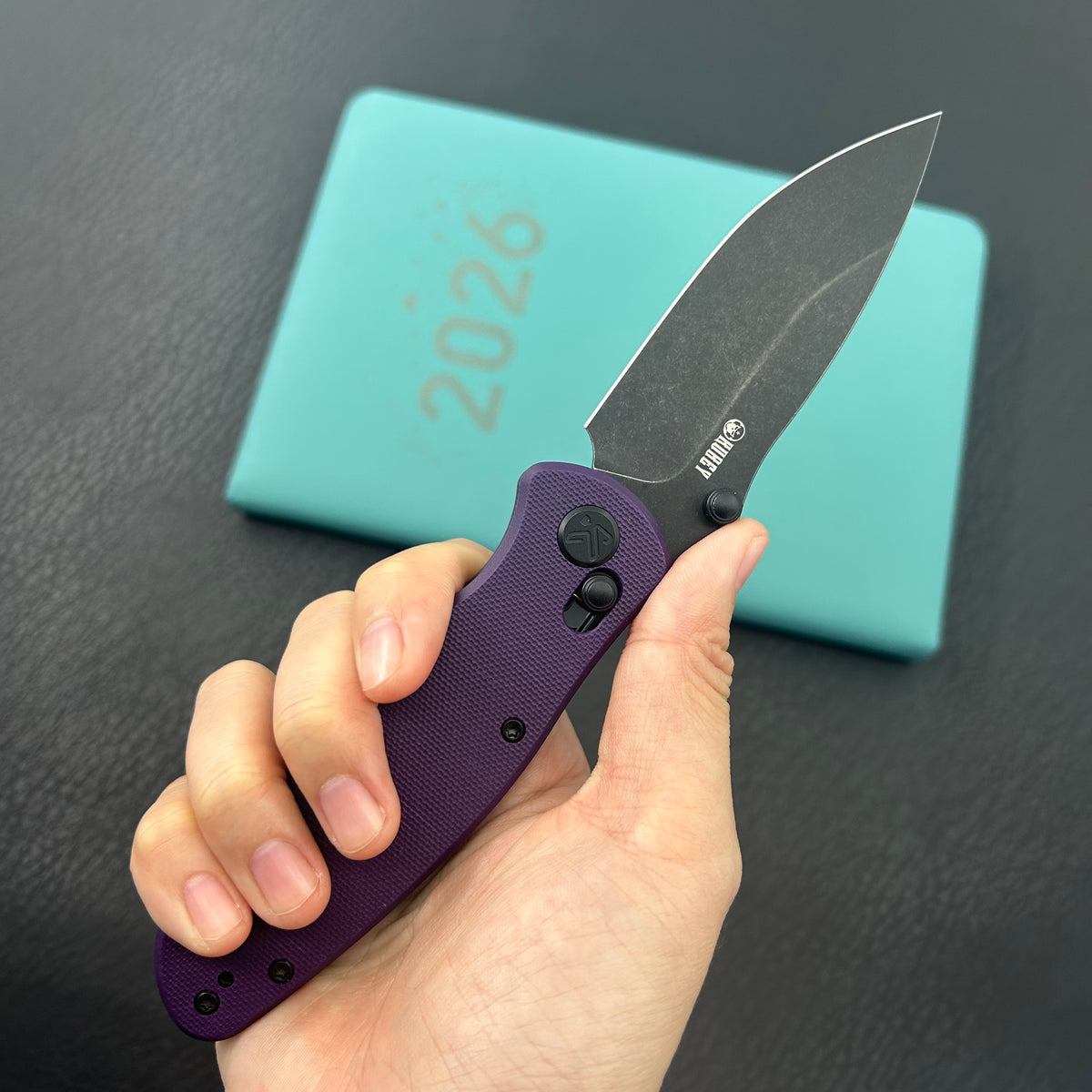 KUBEY KU481D Pebble Crossbar Lock Black Purple  14C28N Folding Knife