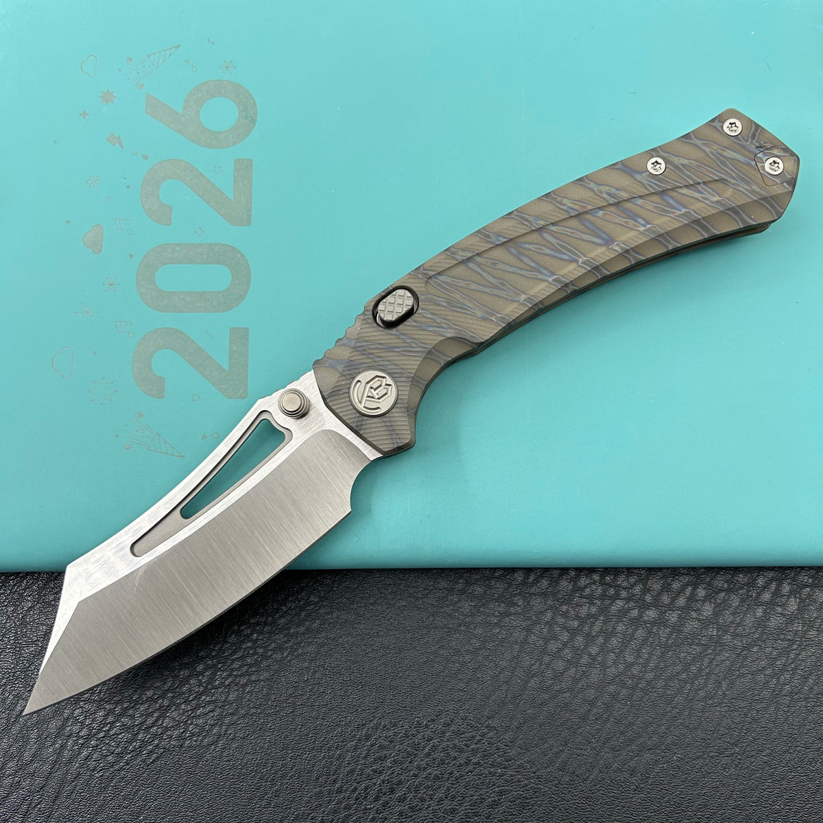 KB KNIVES KB398B Pirate Folding Knife Flame Ano Titanium Handle 3.46" Belt Satin M390 Blade