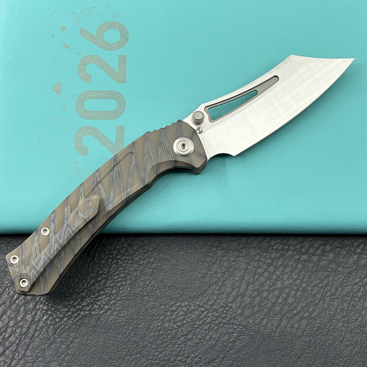 KB KNIVES KB398B Pirate Folding Knife Flame Ano Titanium Handle 3.46" Belt Satin M390 Blade