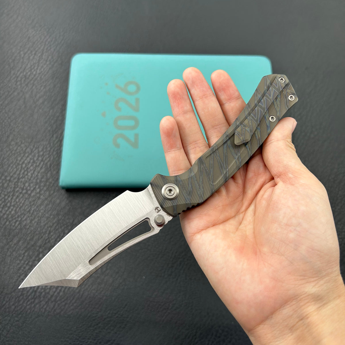 KB KNIVES KB398B Pirate Folding Knife Flame Ano Titanium Handle 3.46" Belt Satin M390 Blade
