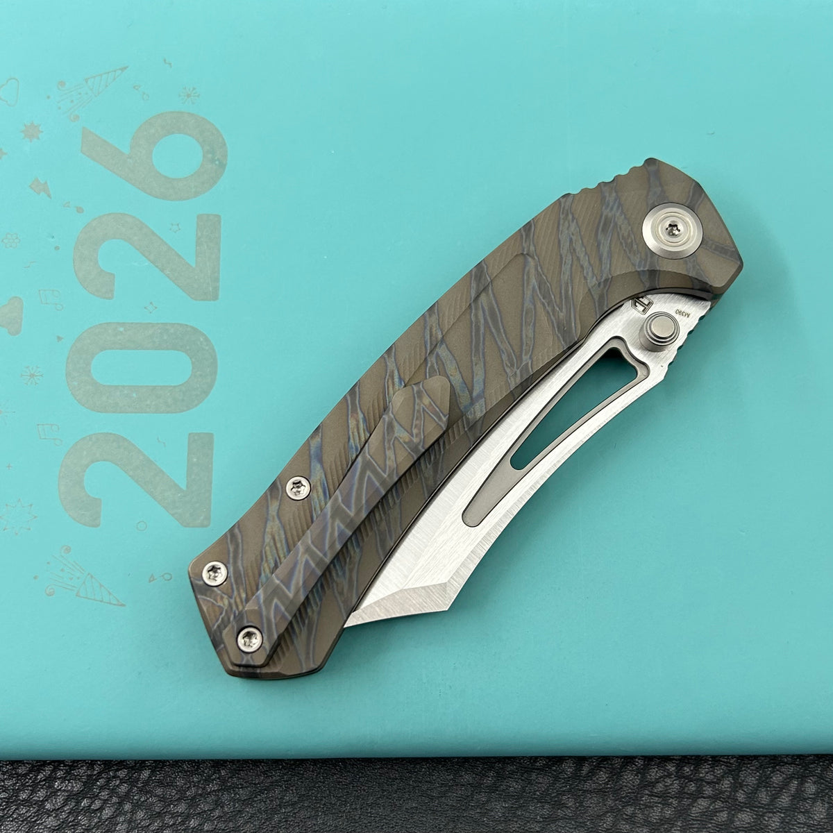 KB KNIVES KB398B Pirate Folding Knife Flame Ano Titanium Handle 3.46" Belt Satin M390 Blade