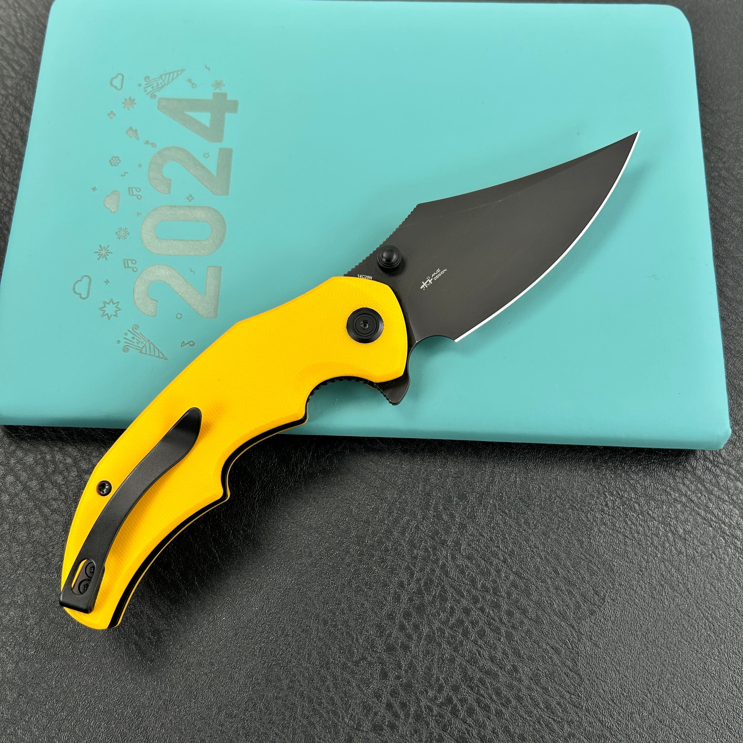 KUBEY KU181G Ceto Flipper Camping Folding Knife Yellow G-10 Handle 3.46" Blackwash 14C28N Blade