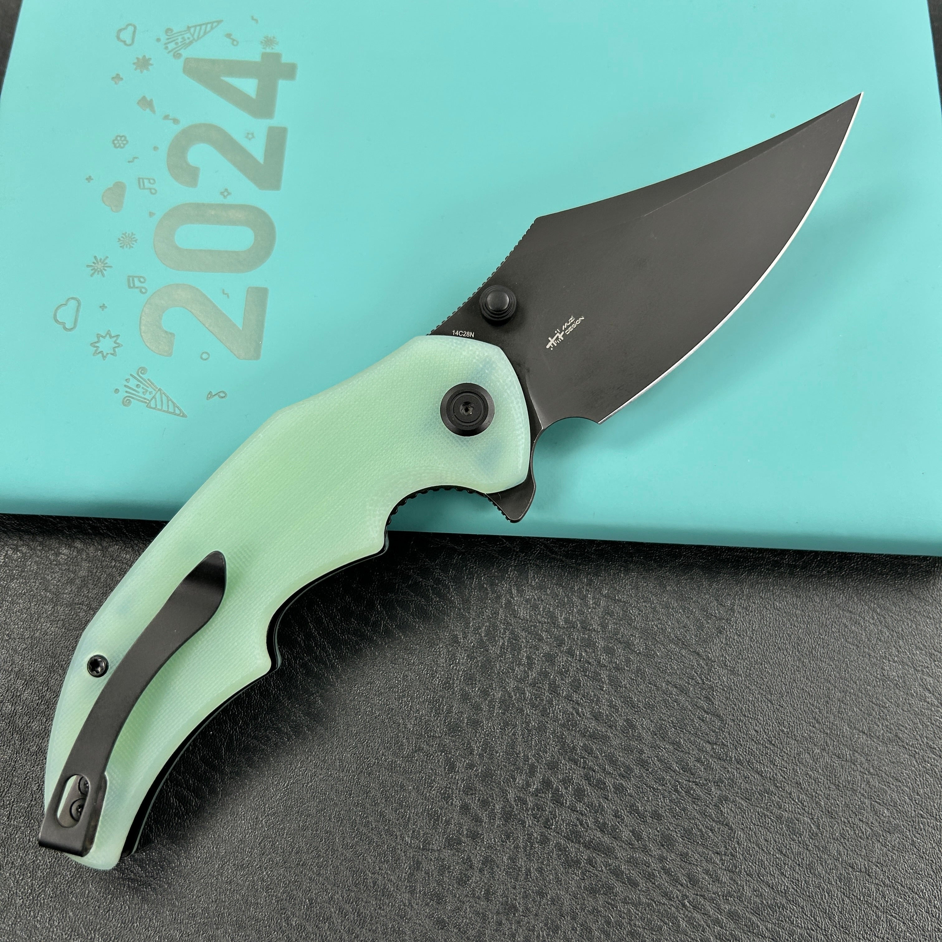 KUBEY KU181F Ceto Flipper Camping Folding Knife Jade G-10 Handle 3.46" Blackwash 14C28N Blade