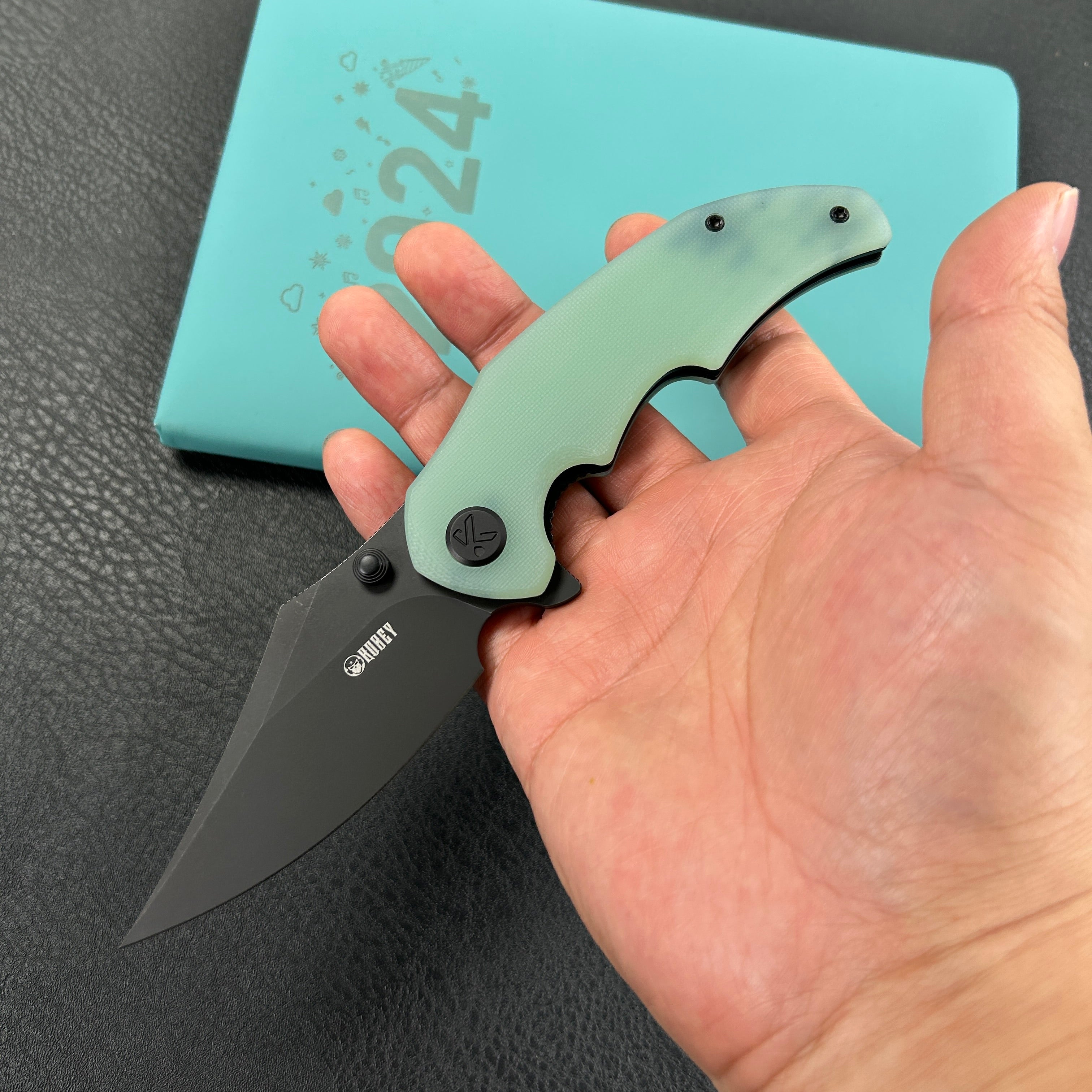 KUBEY KU181F Ceto Flipper Camping Folding Knife Jade G-10 Handle 3.46" Blackwash 14C28N Blade