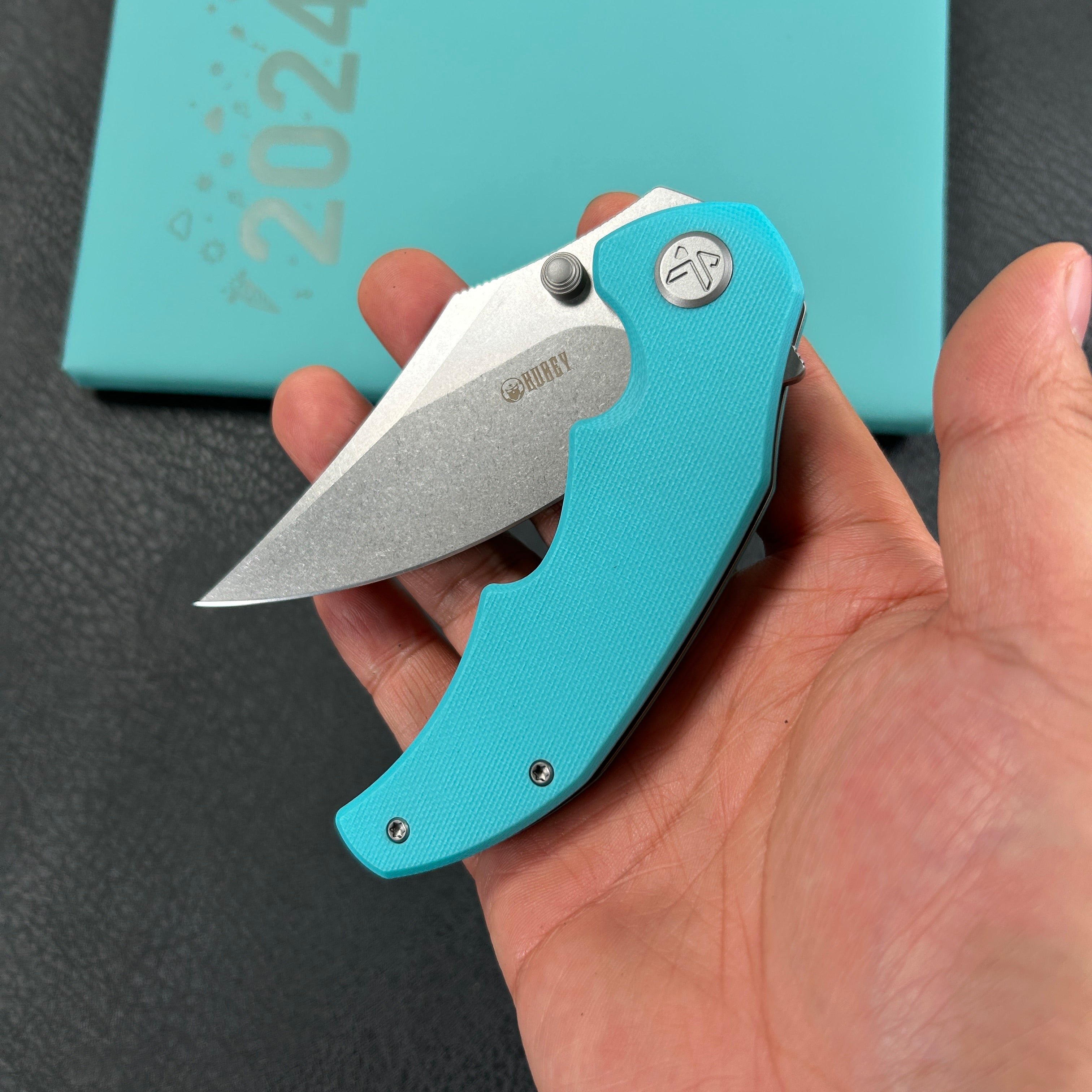 KUBEY  KU181B Ceto Flipper Camping Folding Knife Tiffany Blue G-10 Handle 3.46" Stonewash 14C28N Blade