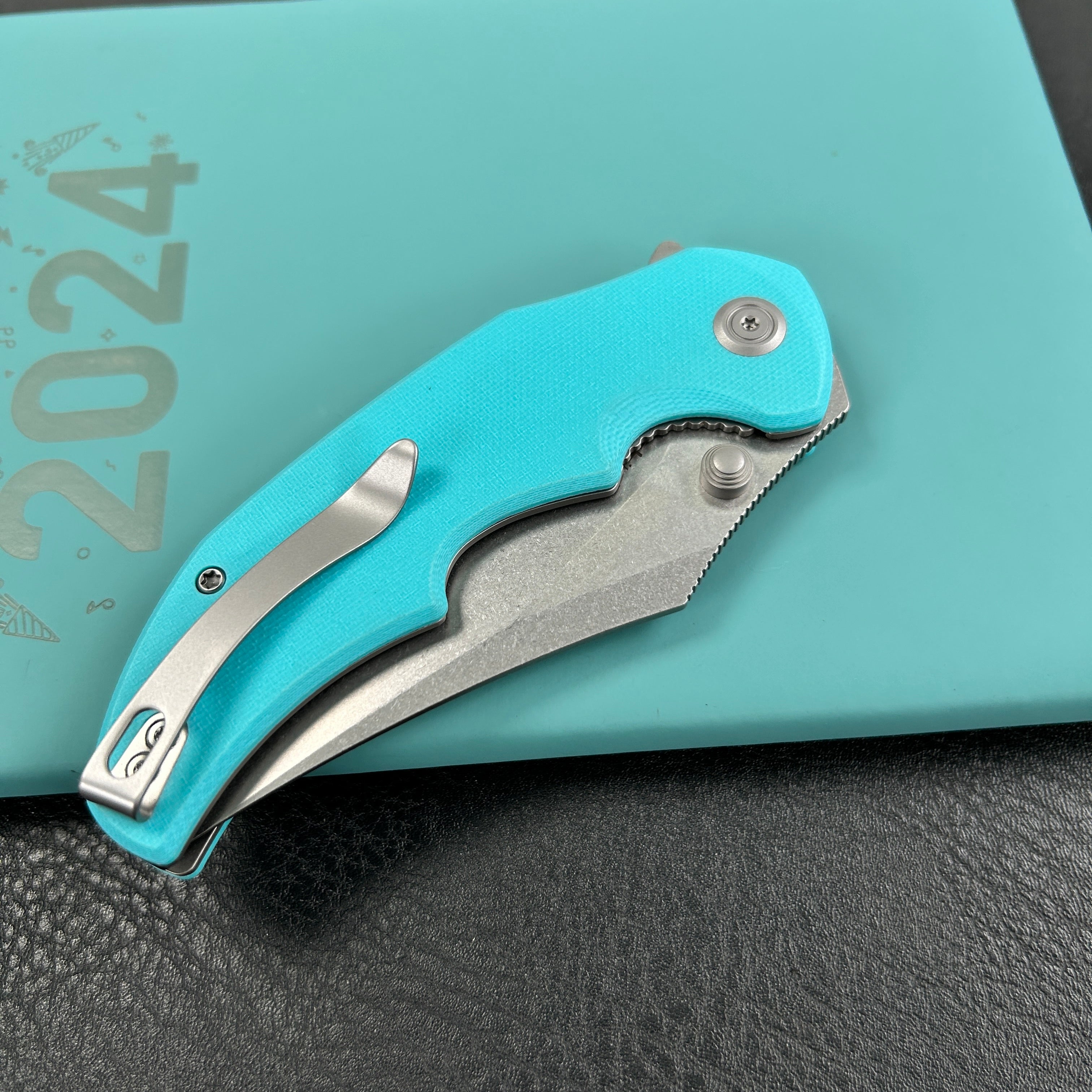 KUBEY  KU181B Ceto Flipper Camping Folding Knife Tiffany Blue G-10 Handle 3.46" Stonewash 14C28N Blade