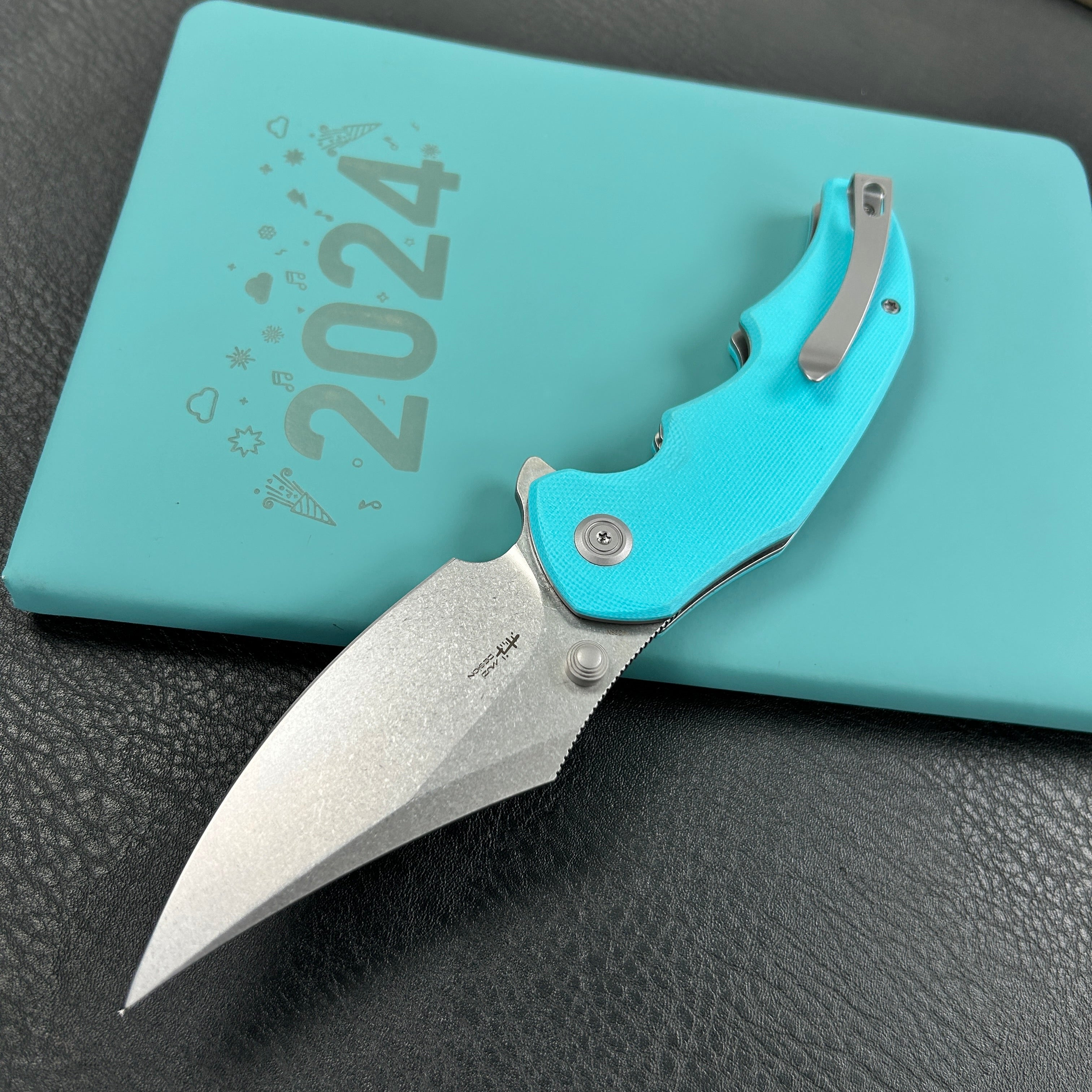 KUBEY  KU181B Ceto Flipper Camping Folding Knife Tiffany Blue G-10 Handle 3.46" Stonewash 14C28N Blade