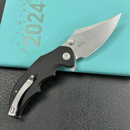 KUBEY KU181A Ceto Flipper Camping Folding Knife Black G-10 Handle 3.46" Stonewash 14C28N Blade