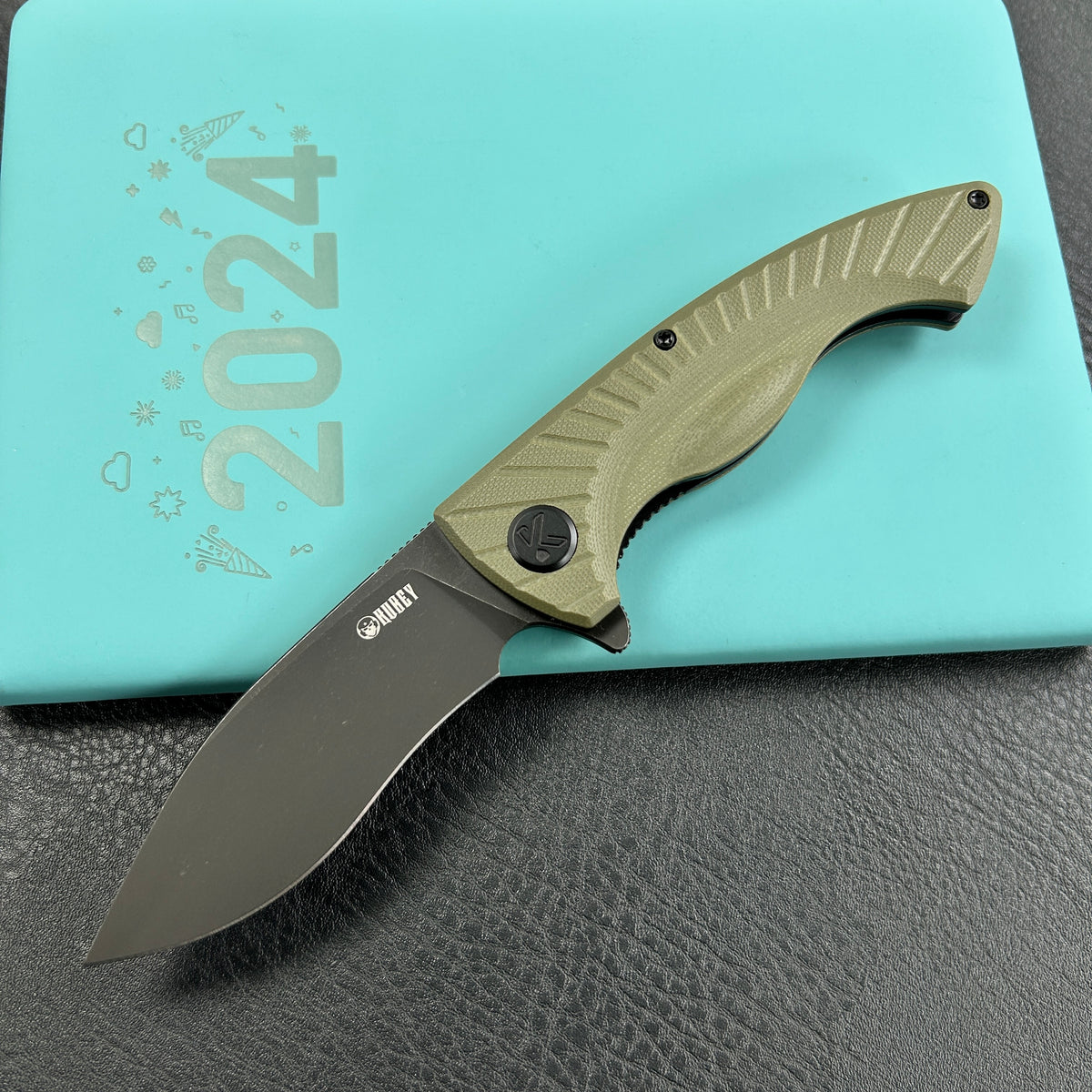 KUBEY KU208J Timberwolf Flipper Outdoor Folding Knife Green G-10 Handle 3.46" Blackwash 14C28N Blade