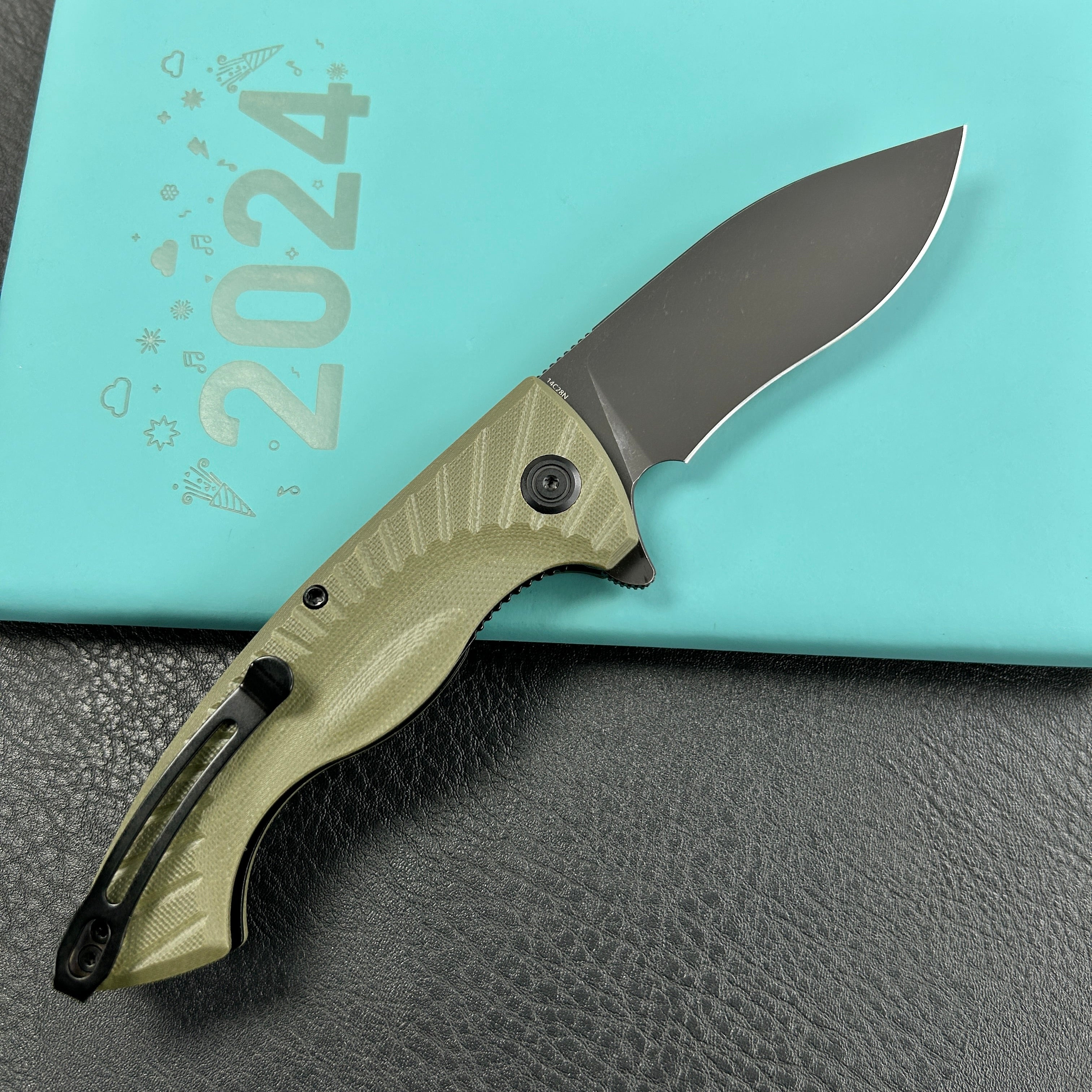 KUBEY KU208J Timberwolf Flipper Outdoor Folding Knife Green G-10 Handle 3.46" Blackwash 14C28N Blade