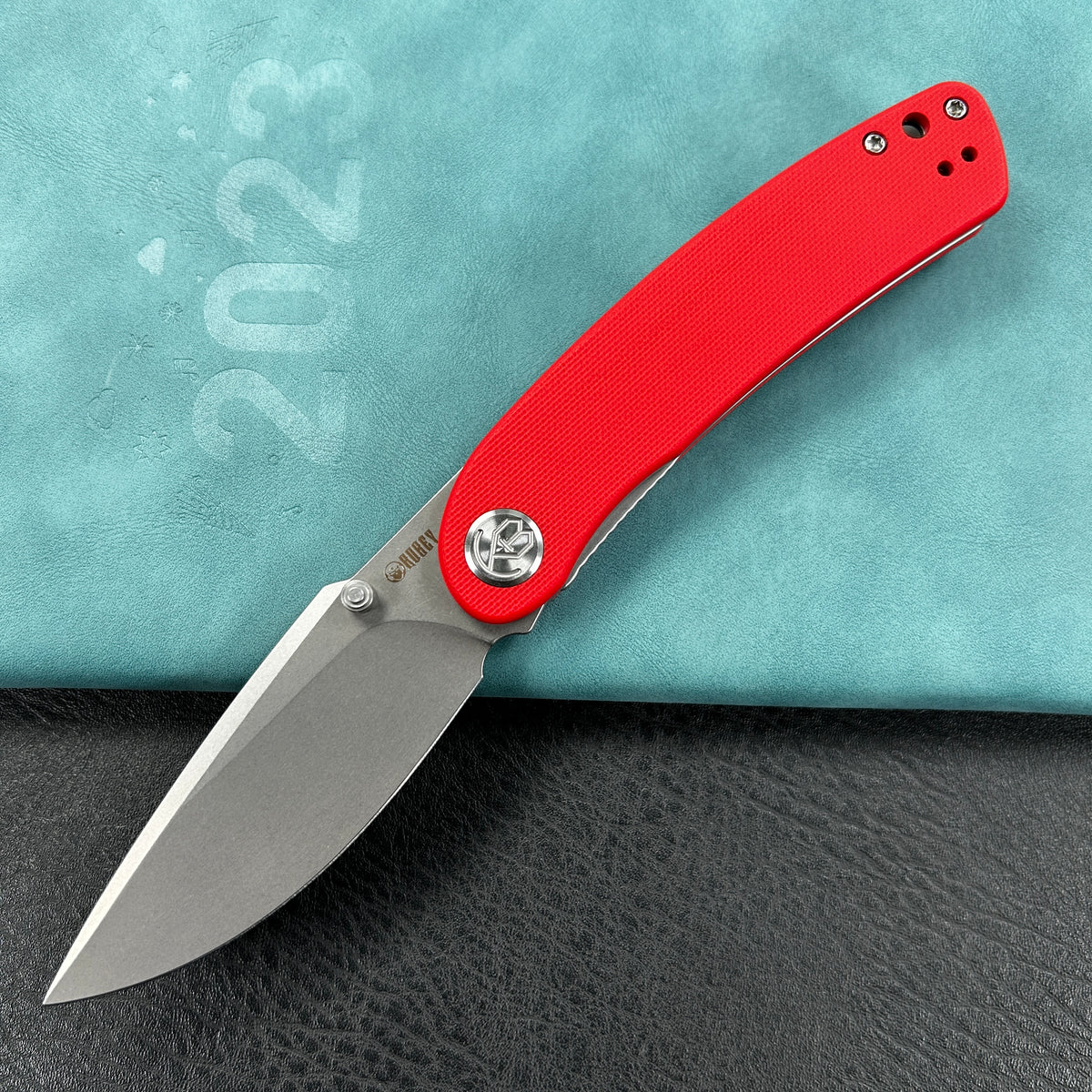 KUBEY KU344  Momentum Sherif Manganas Design Liner Lock Front Flipper / Dual Studs Open Folding Knife Red G10 Handle 3.43" Bead Blasted AUS-10