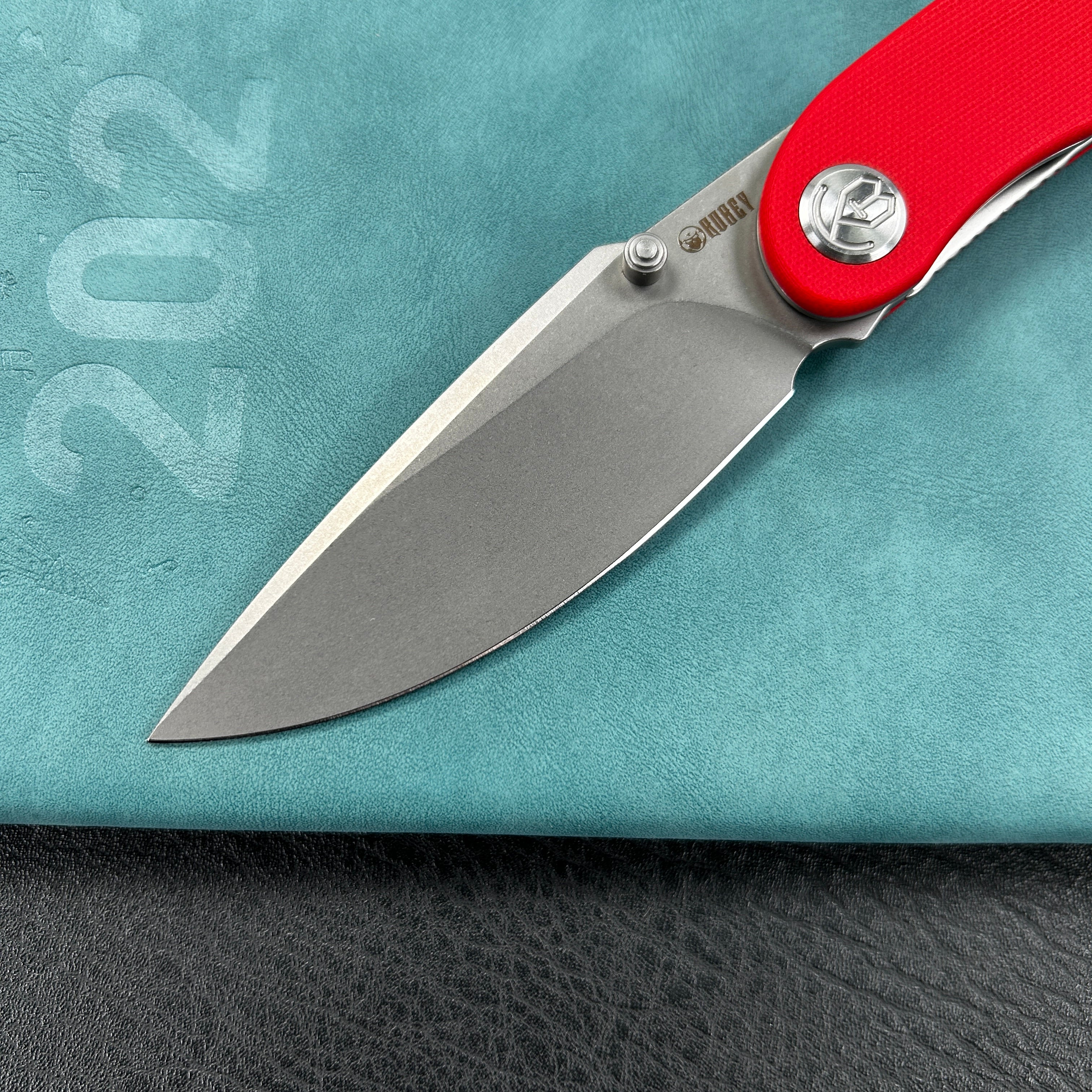 KUBEY KU344  Momentum Sherif Manganas Design Liner Lock Front Flipper / Dual Studs Open Folding Knife Red G10 Handle 3.43" Bead Blasted AUS-10