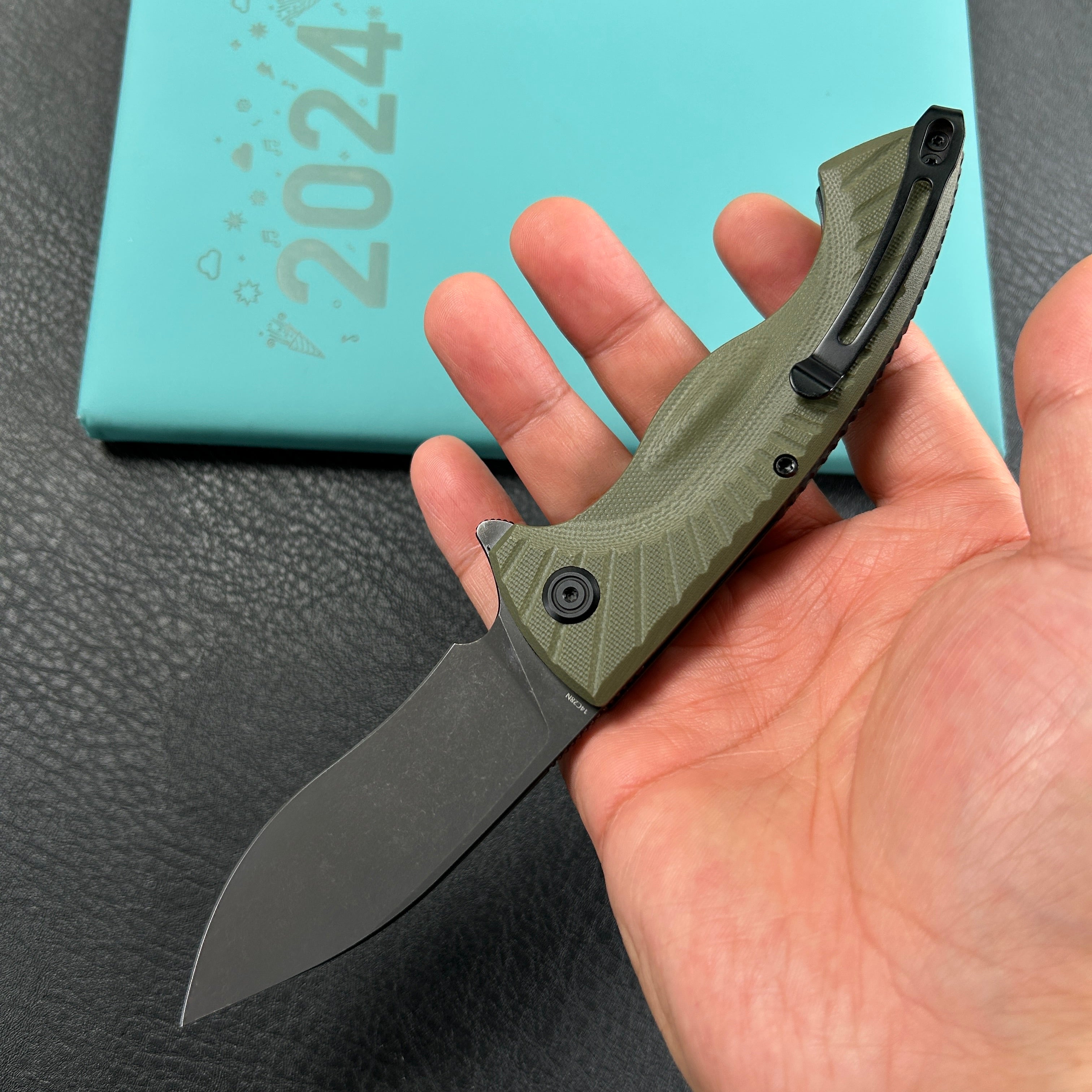 KUBEY KU208J Timberwolf Flipper Outdoor Folding Knife Green G-10 Handle 3.46" Blackwash 14C28N Blade