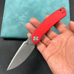 KUBEY KU344  Momentum Sherif Manganas Design Liner Lock Front Flipper / Dual Studs Open Folding Knife Red G10 Handle 3.43" Bead Blasted AUS-10