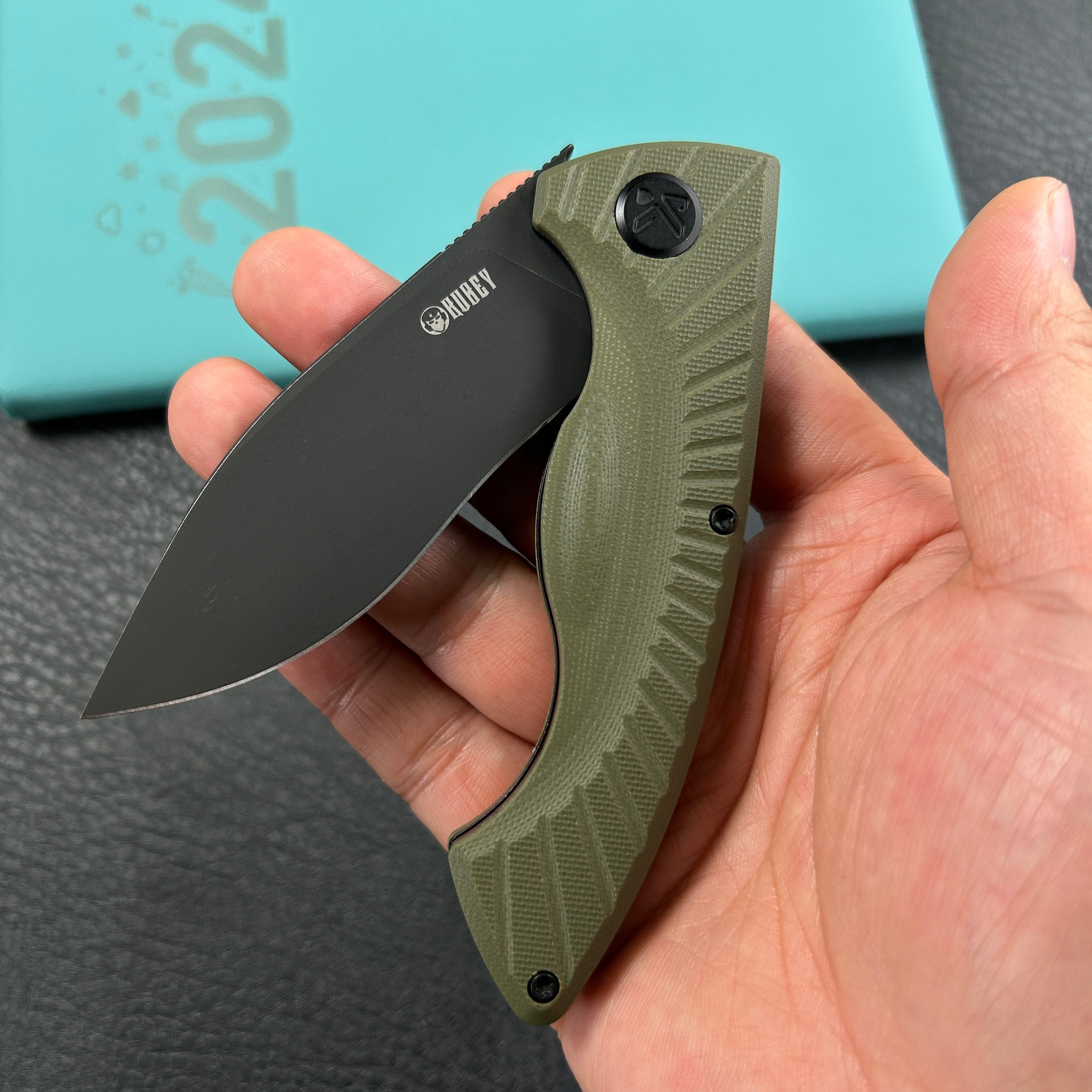 KUBEY KU208J Timberwolf Flipper Outdoor Folding Knife Green G-10 Handle 3.46" Blackwash 14C28N Blade