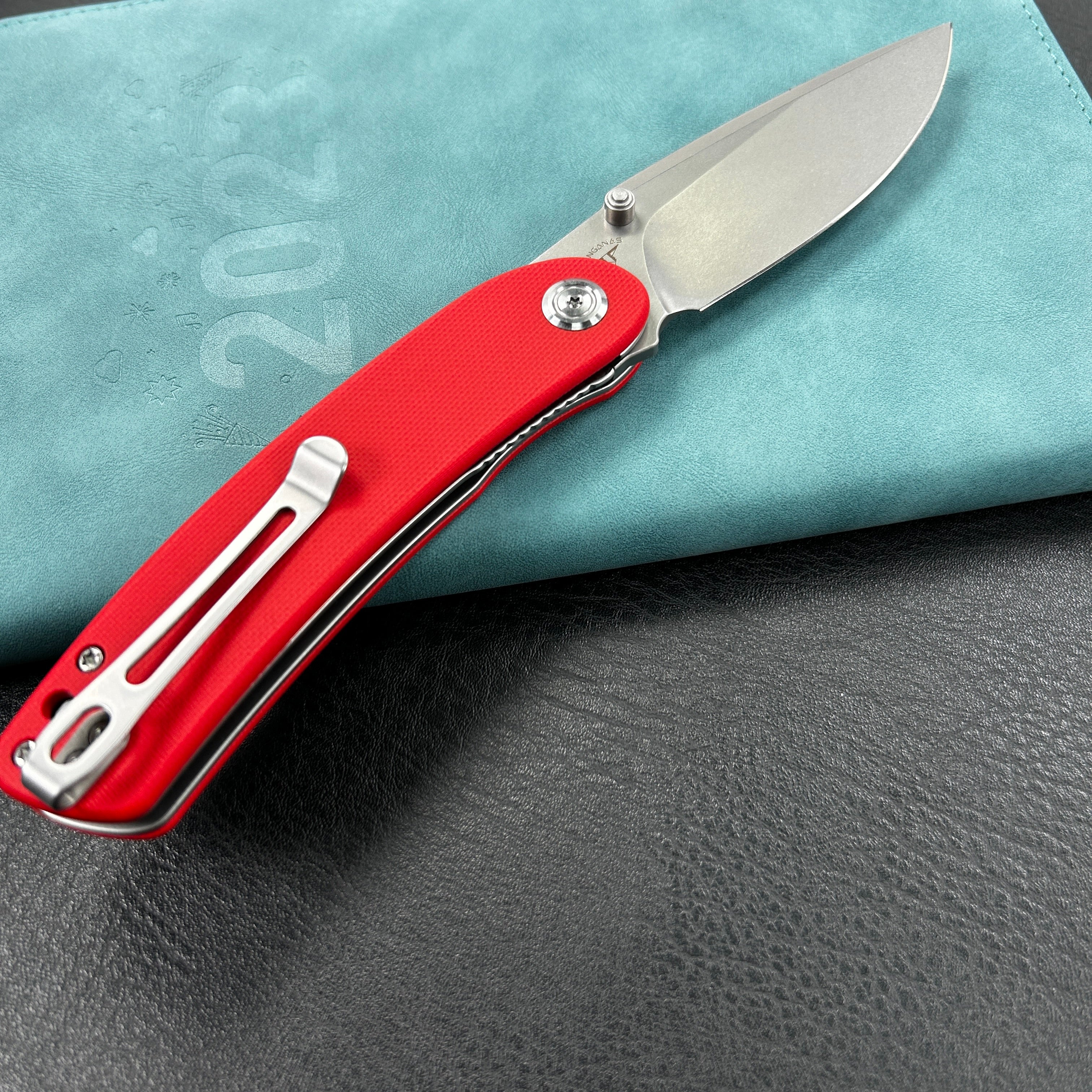 KUBEY KU344  Momentum Sherif Manganas Design Liner Lock Front Flipper / Dual Studs Open Folding Knife Red G10 Handle 3.43" Bead Blasted AUS-10