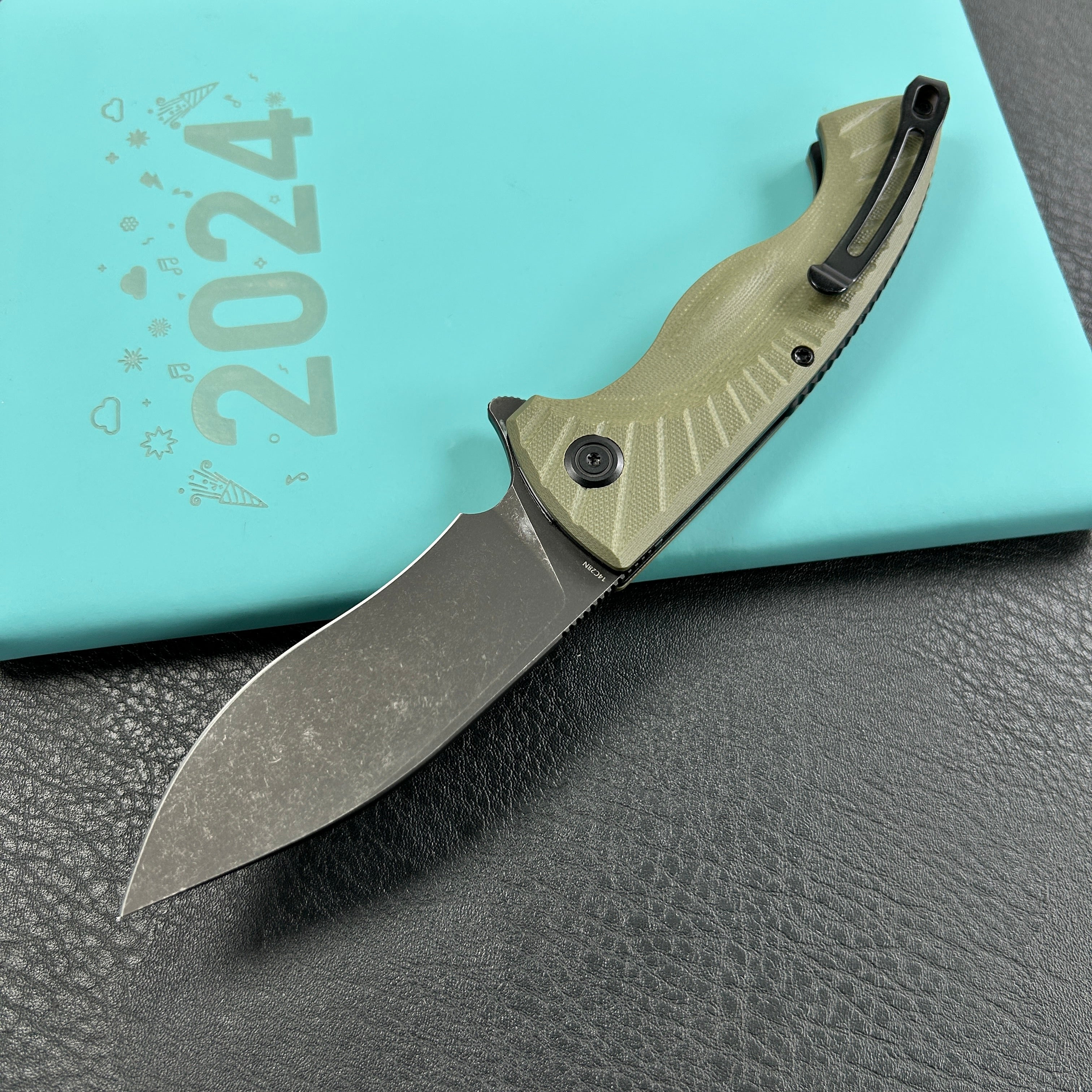 KUBEY KU208J Timberwolf Flipper Outdoor Folding Knife Green G-10 Handle 3.46" Blackwash 14C28N Blade