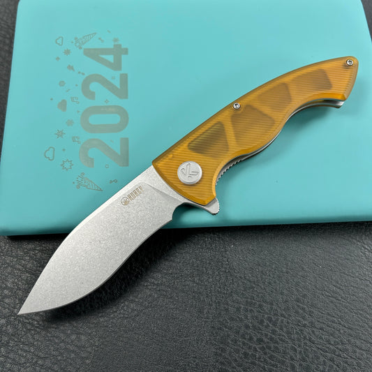 KUBEY KU208E Timberwolf Flipper Outdoor Folding Knife Ultem Handle 3.46" Stonewash 14C28N Blade