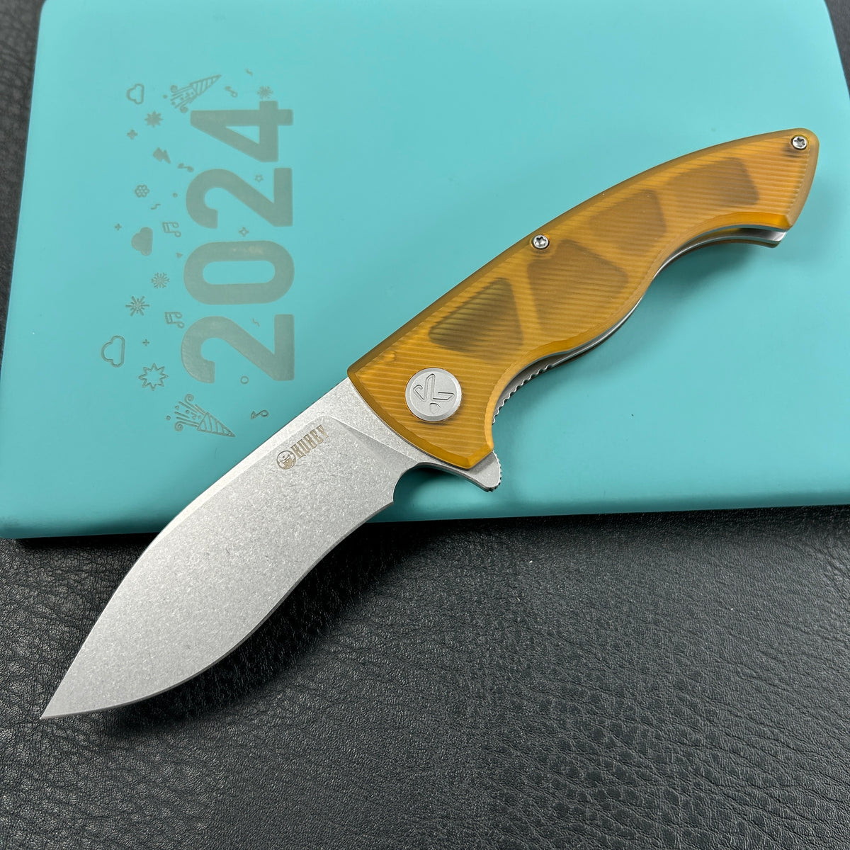 KUBEY KU208E Timberwolf Flipper Outdoor Folding Knife Ultem Handle 3.46" Stonewash 14C28N Blade