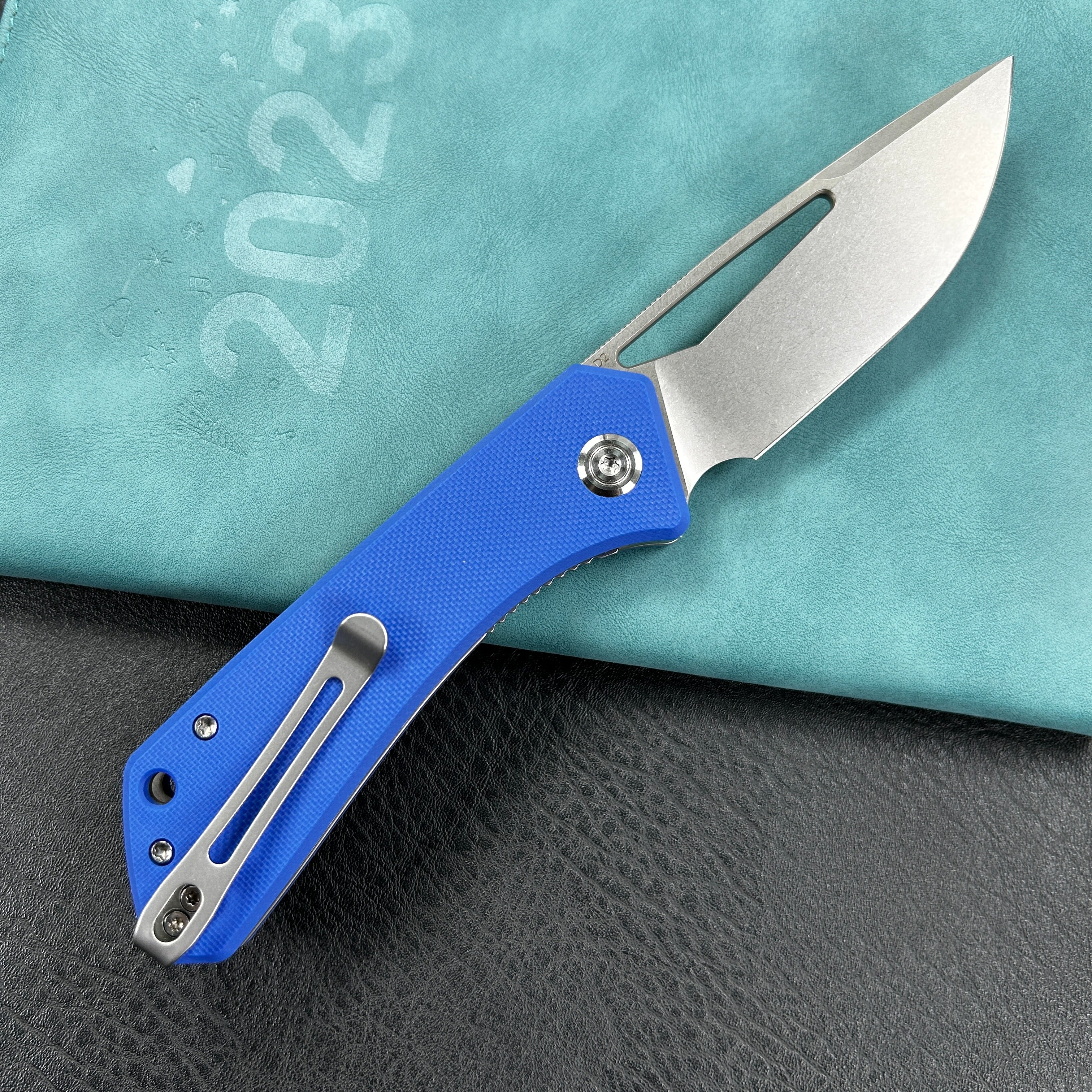 KUBEY KU331B Front Flipper EDC Pocket Folding Knife  blue G10 Handle 3.27" Bead Blasted Stonewashed D2