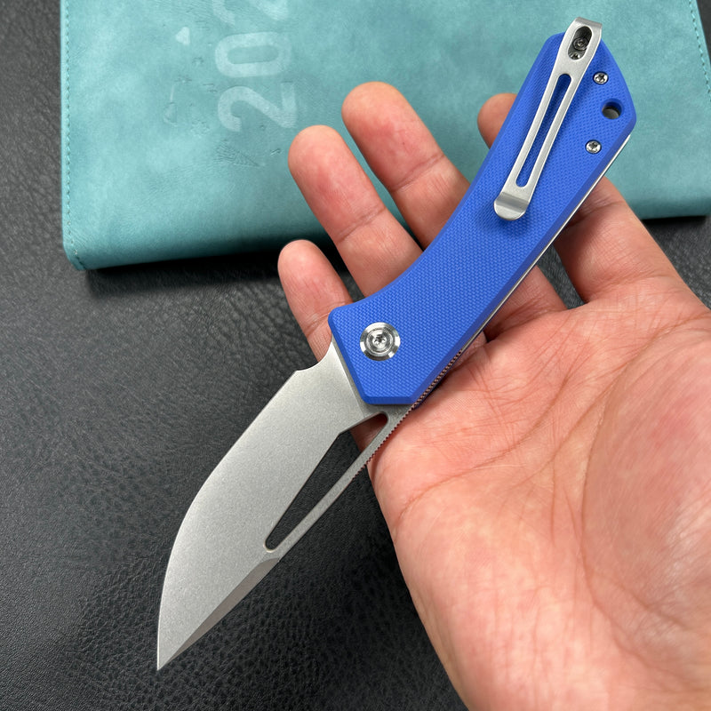 KUBEY KU331B Front Flipper EDC Pocket Folding Knife  blue G10 Handle 3.27" Bead Blasted Stonewashed D2