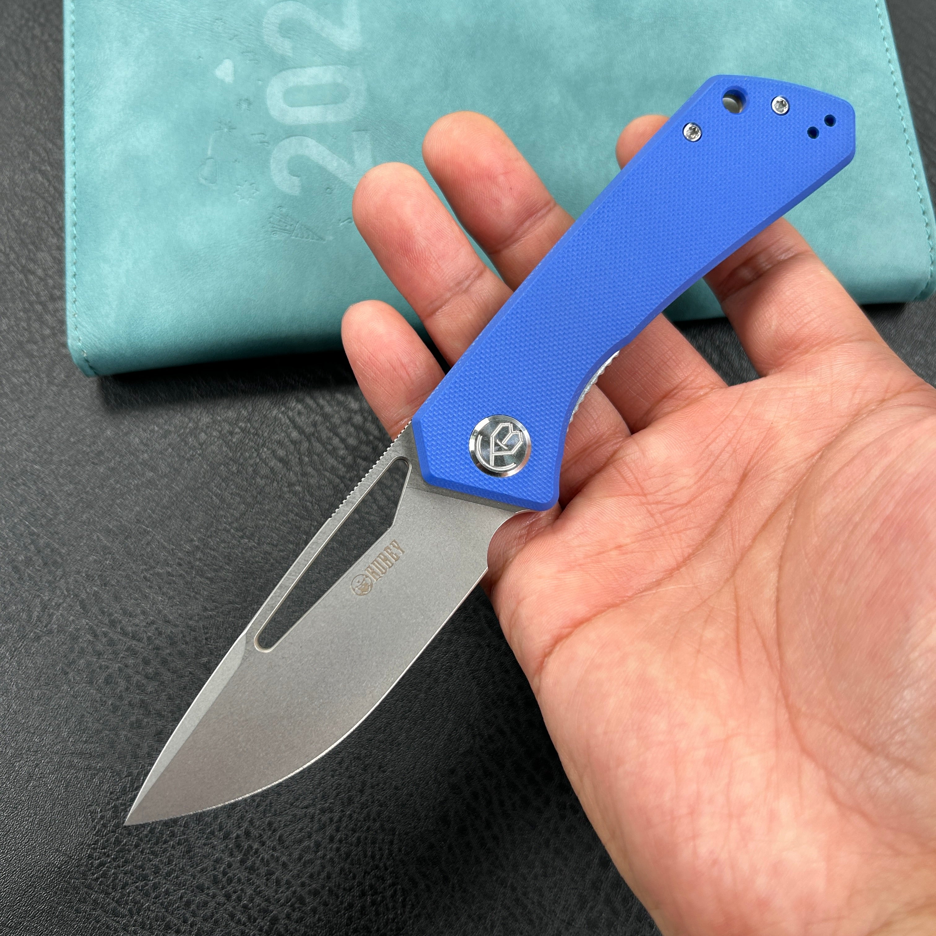 KUBEY KU331B Front Flipper EDC Pocket Folding Knife  blue G10 Handle 3.27" Bead Blasted Stonewashed D2