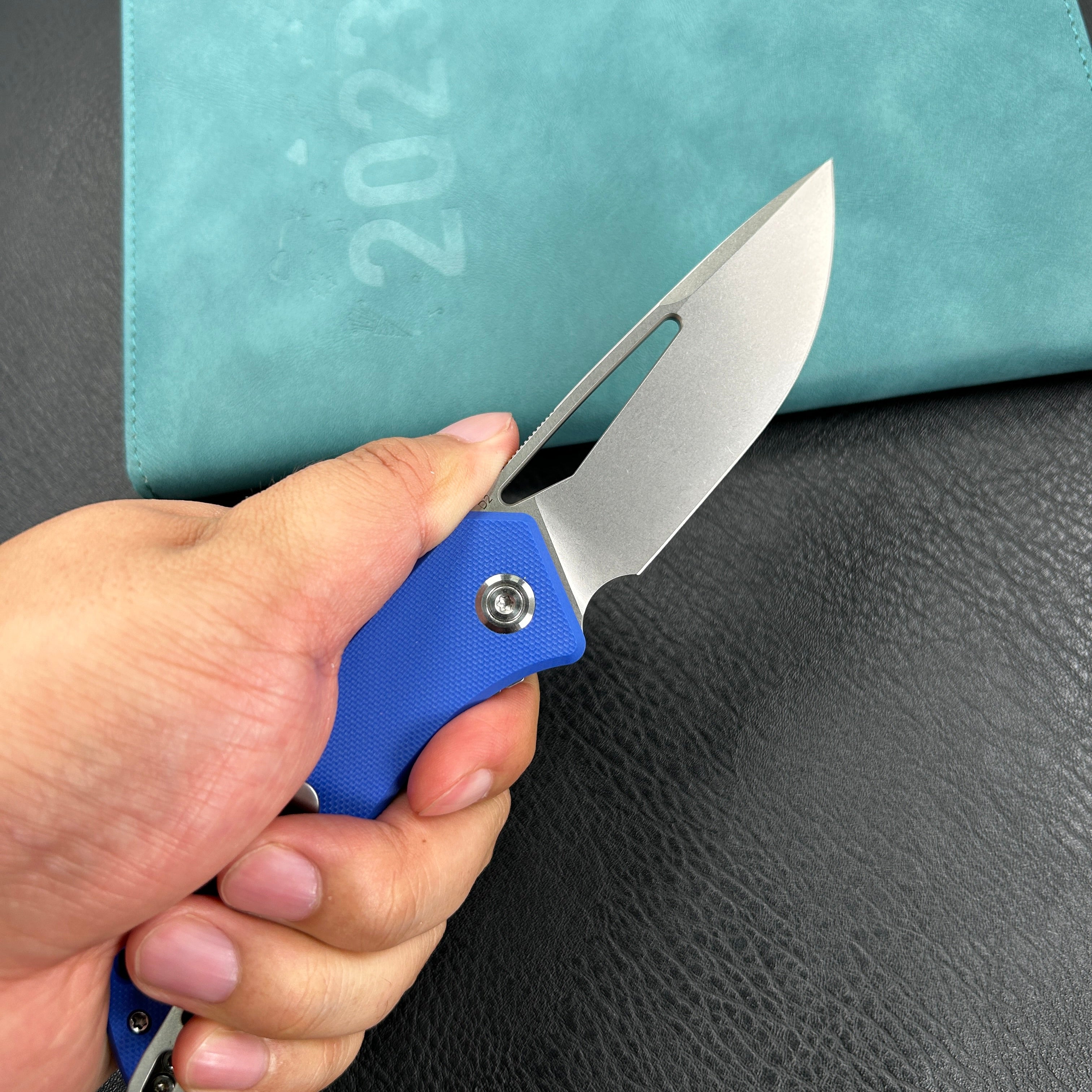 KUBEY KU331B Front Flipper EDC Pocket Folding Knife  blue G10 Handle 3.27" Bead Blasted Stonewashed D2