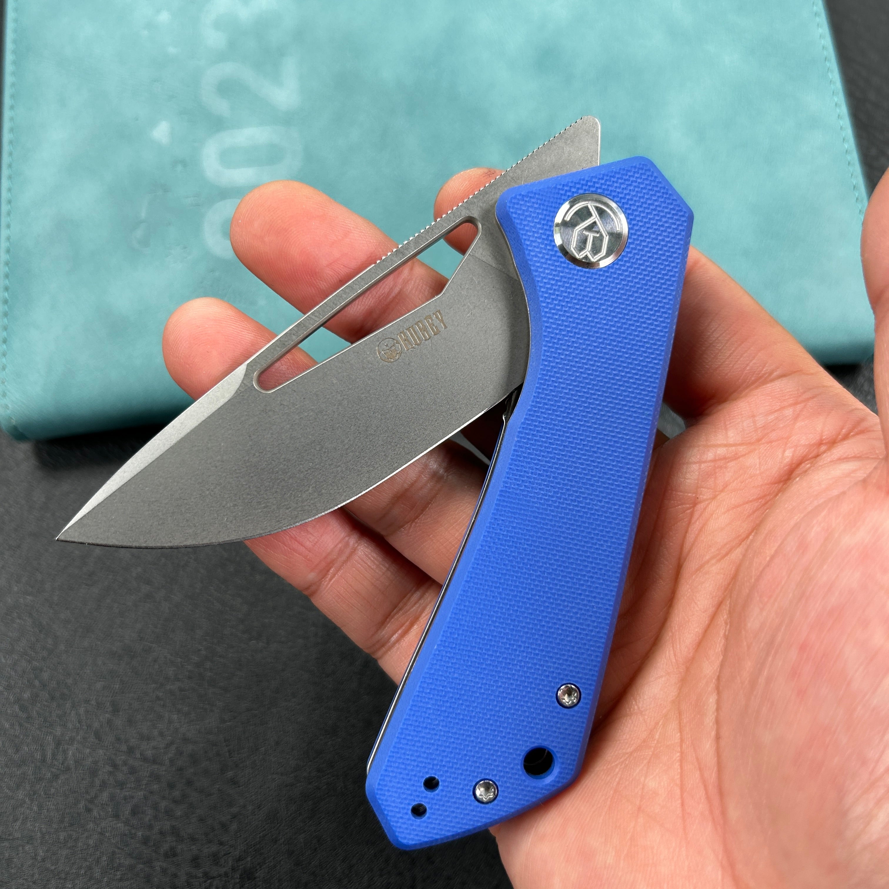 KUBEY KU331B Front Flipper EDC Pocket Folding Knife  blue G10 Handle 3.27" Bead Blasted Stonewashed D2