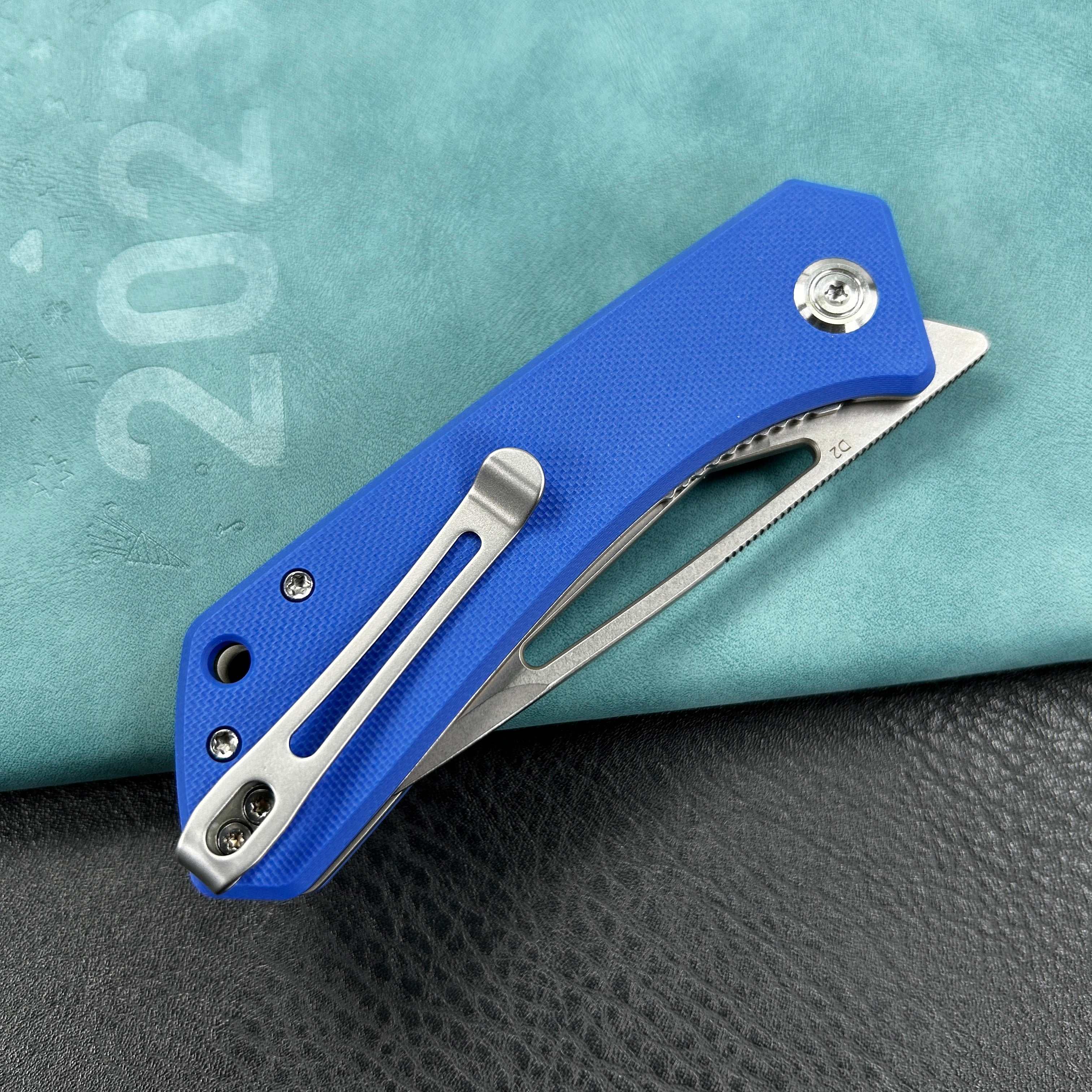 KUBEY KU331B Front Flipper EDC Pocket Folding Knife  blue G10 Handle 3.27" Bead Blasted Stonewashed D2