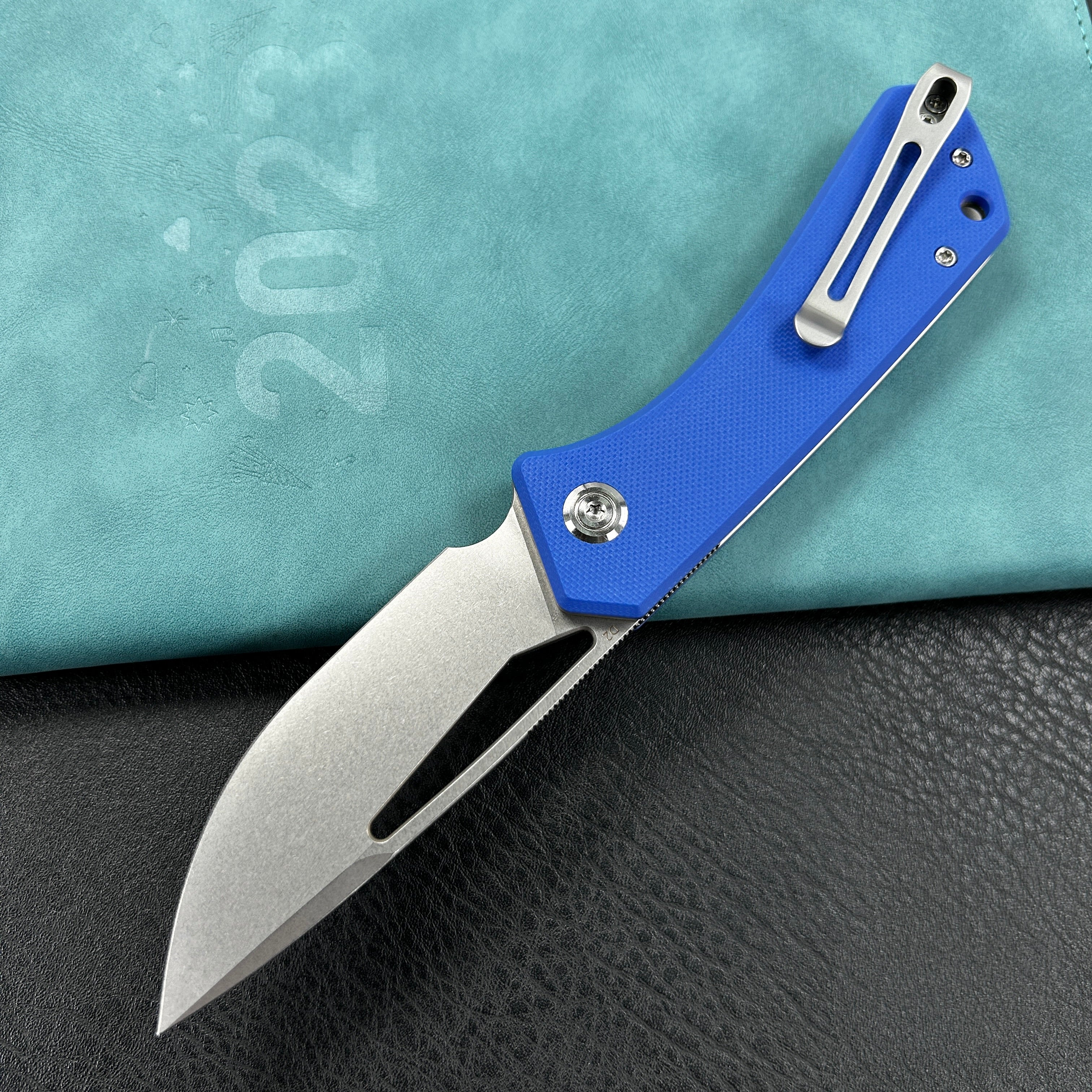 KUBEY KU331B Front Flipper EDC Pocket Folding Knife  blue G10 Handle 3.27" Bead Blasted Stonewashed D2