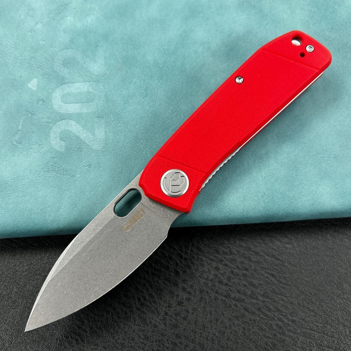 KUBEY KU2104G Hyde Liner Lock Folding Knife Red G10 Handle 2.95" Bead Blasted 14C28N