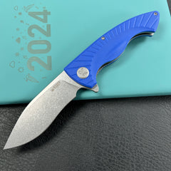 KUBEY KU208G  Timberwolf Flipper Outdoor Folding Knife Blue G-10 Handle 3.46" Stonewash 14C28N Blade