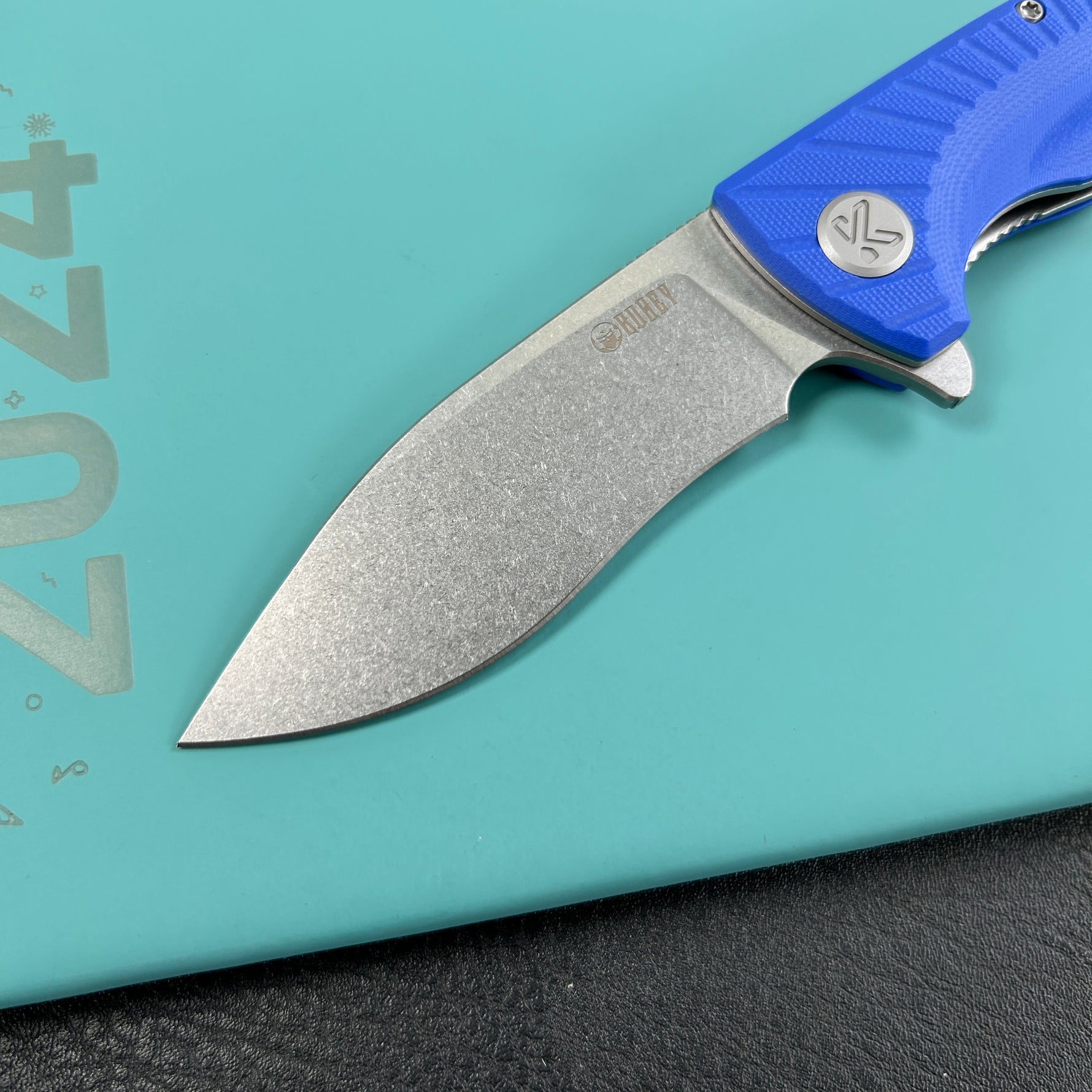 KUBEY knife KU208G  Timberwolf Flipper Outdoor Folding Knife Blue G-10 Handle 3.46" Stonewash 14C28N Blade