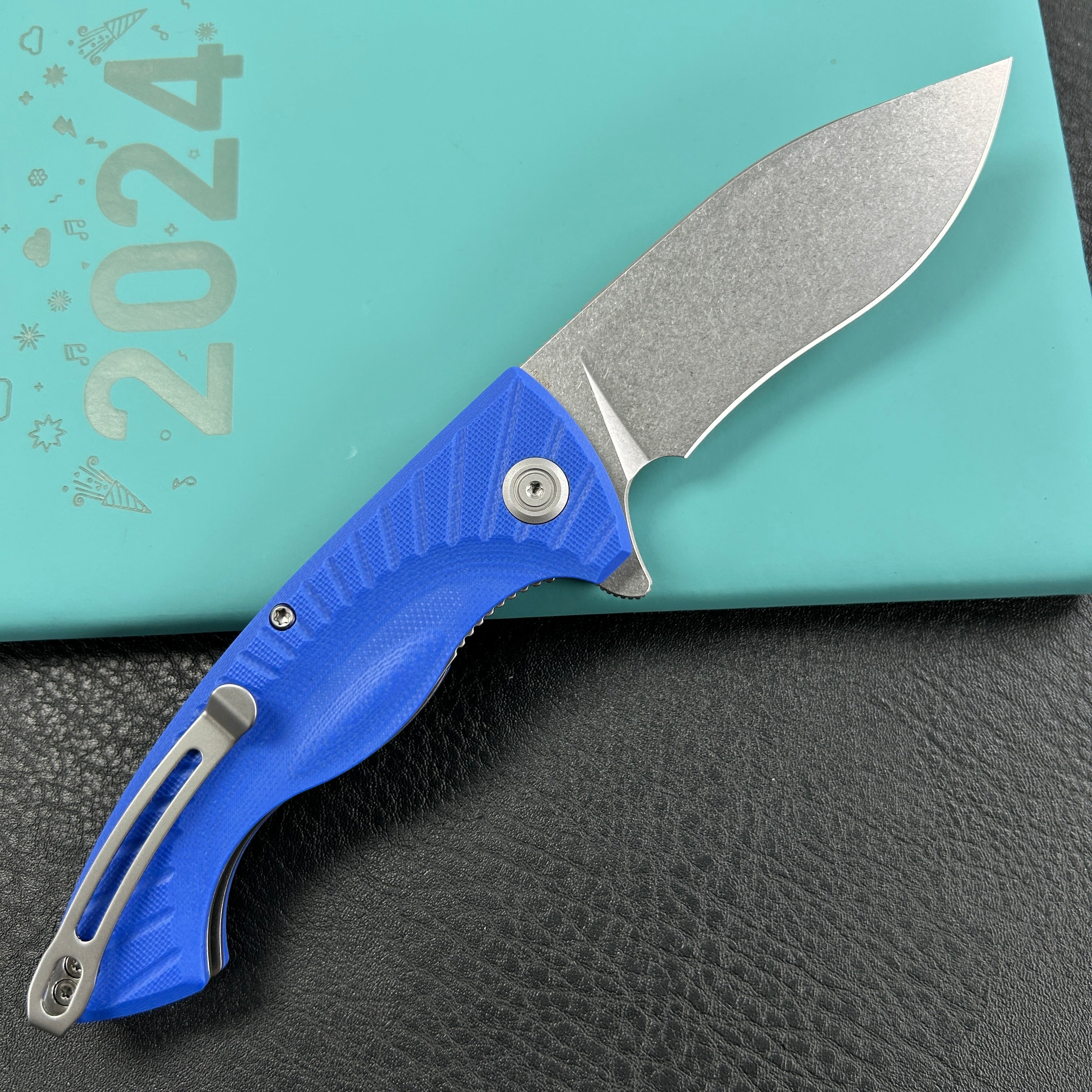 KUBEY KU208G  Timberwolf Flipper Outdoor Folding Knife Blue G-10 Handle 3.46" Stonewash 14C28N Blade