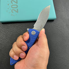 KUBEY KU208G  Timberwolf Flipper Outdoor Folding Knife Blue G-10 Handle 3.46" Stonewash 14C28N Blade