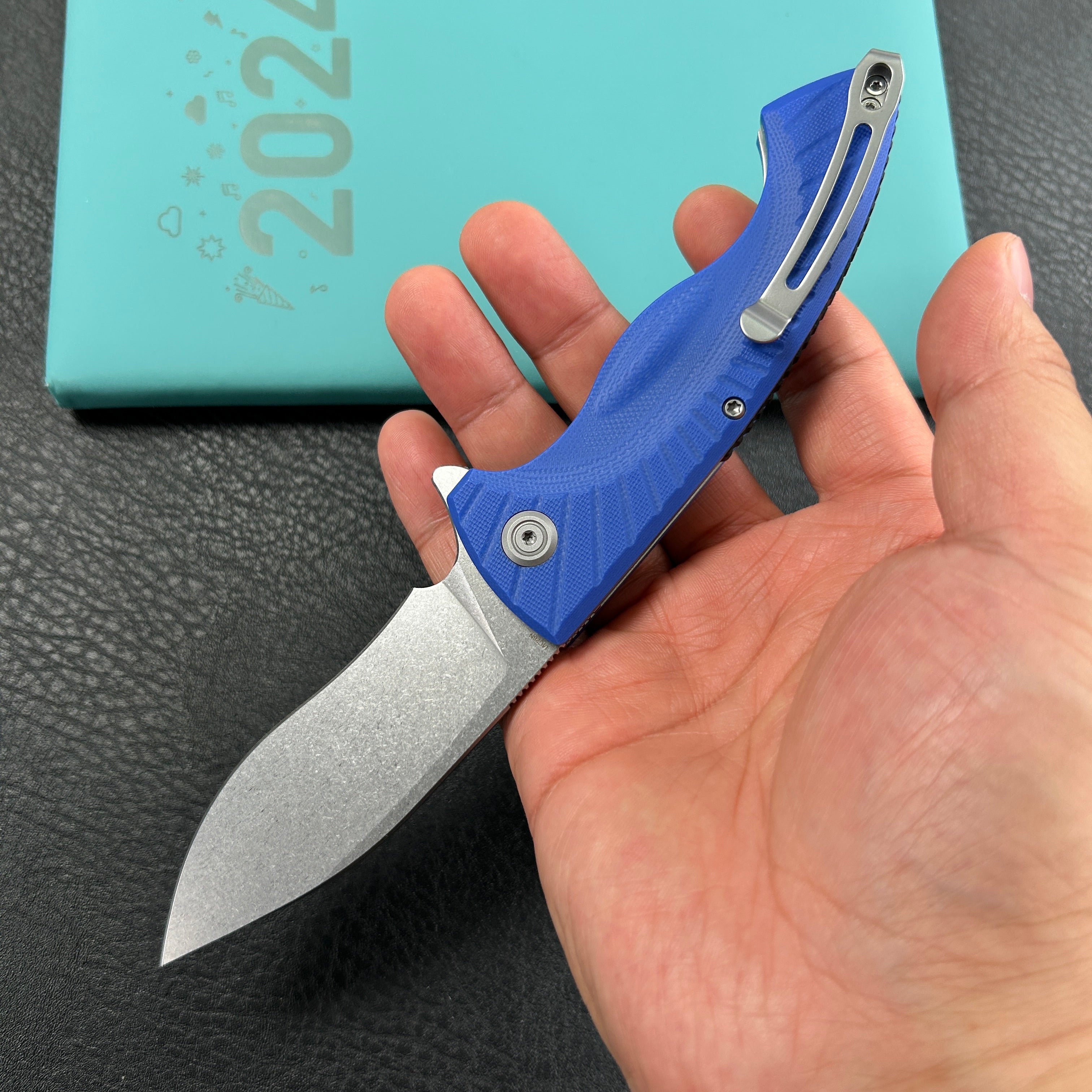 KUBEY KU208G  Timberwolf Flipper Outdoor Folding Knife Blue G-10 Handle 3.46" Stonewash 14C28N Blade