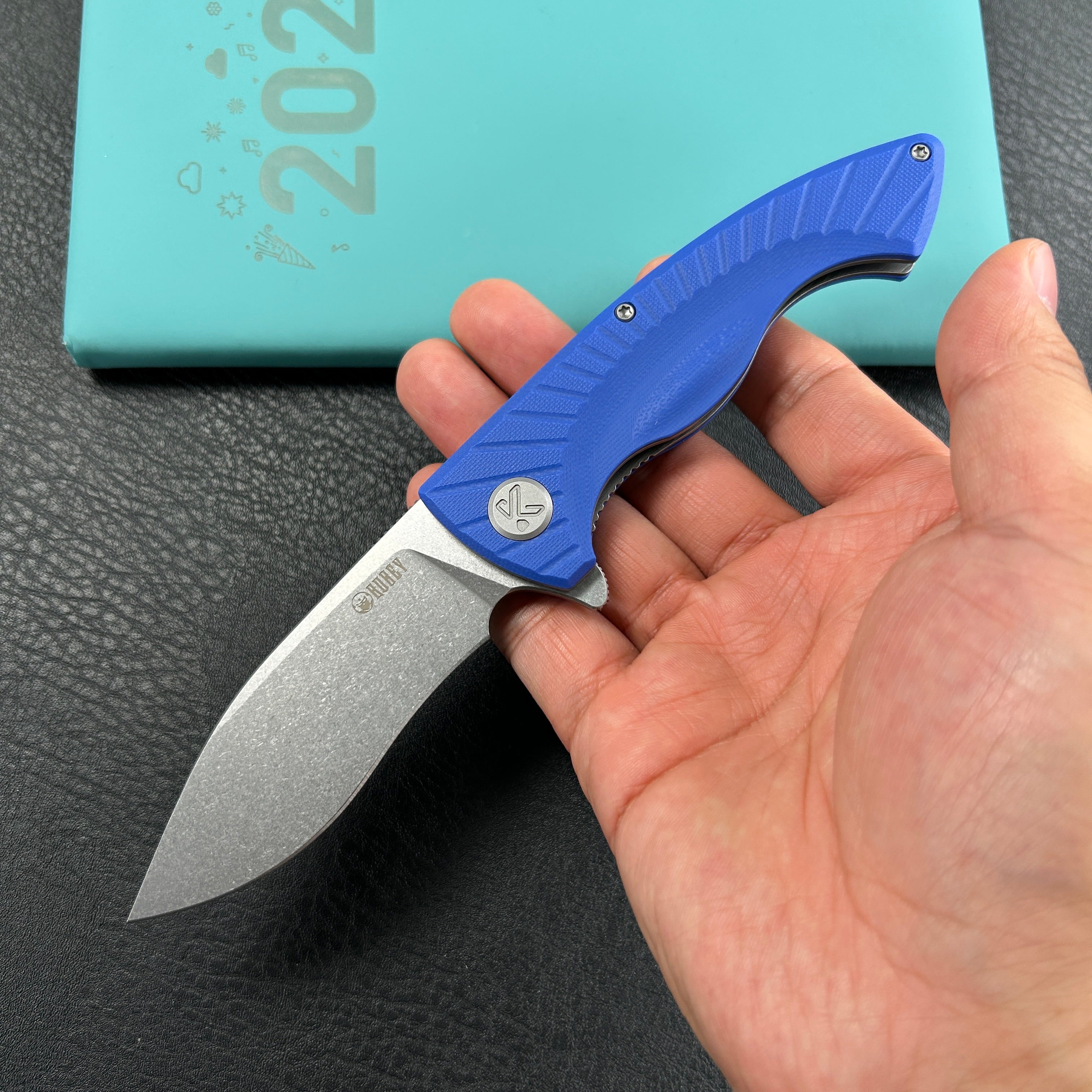 KUBEY KU208G  Timberwolf Flipper Outdoor Folding Knife Blue G-10 Handle 3.46" Stonewash 14C28N Blade