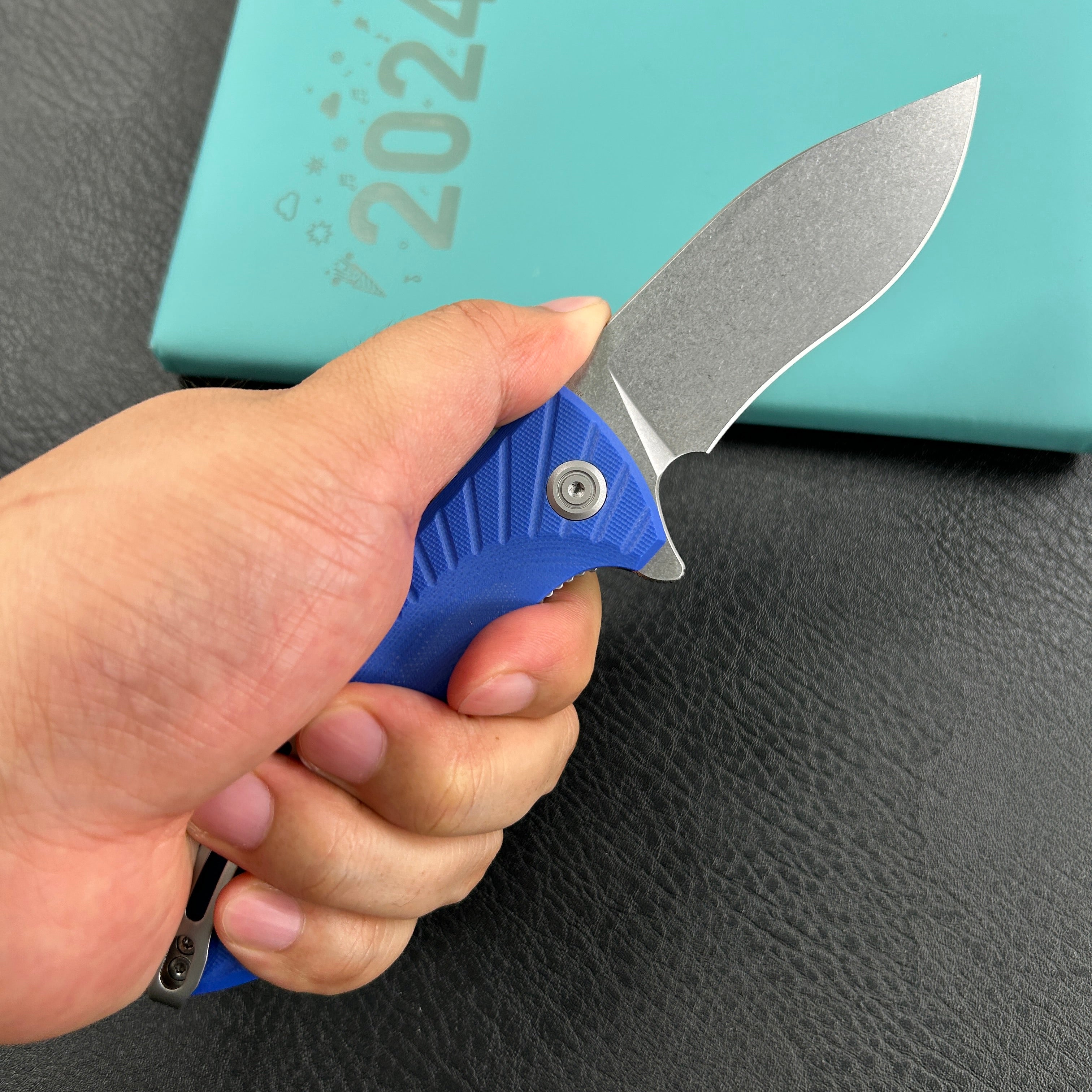 KUBEY KU208G  Timberwolf Flipper Outdoor Folding Knife Blue G-10 Handle 3.46" Stonewash 14C28N Blade