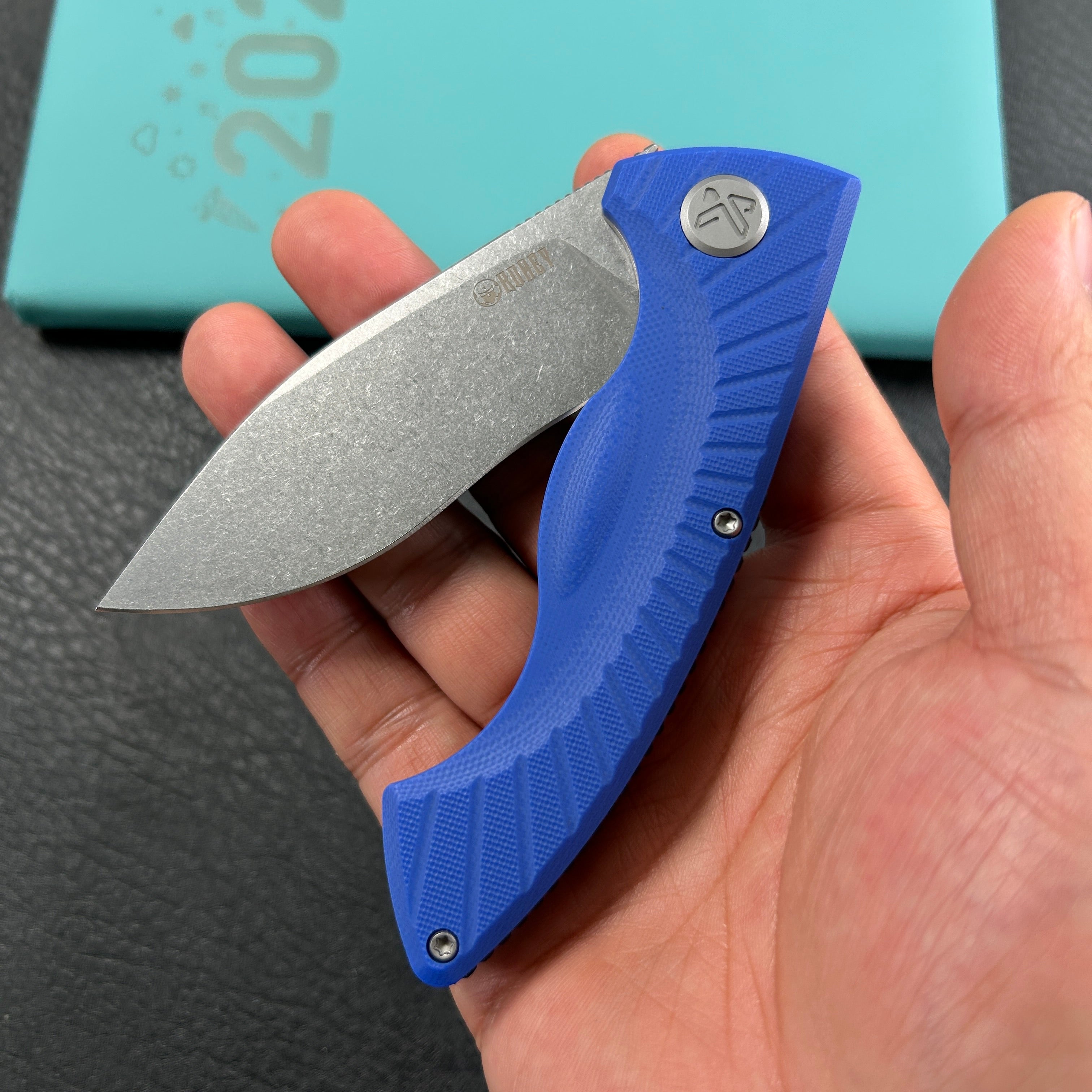 KUBEY KU208G  Timberwolf Flipper Outdoor Folding Knife Blue G-10 Handle 3.46" Stonewash 14C28N Blade