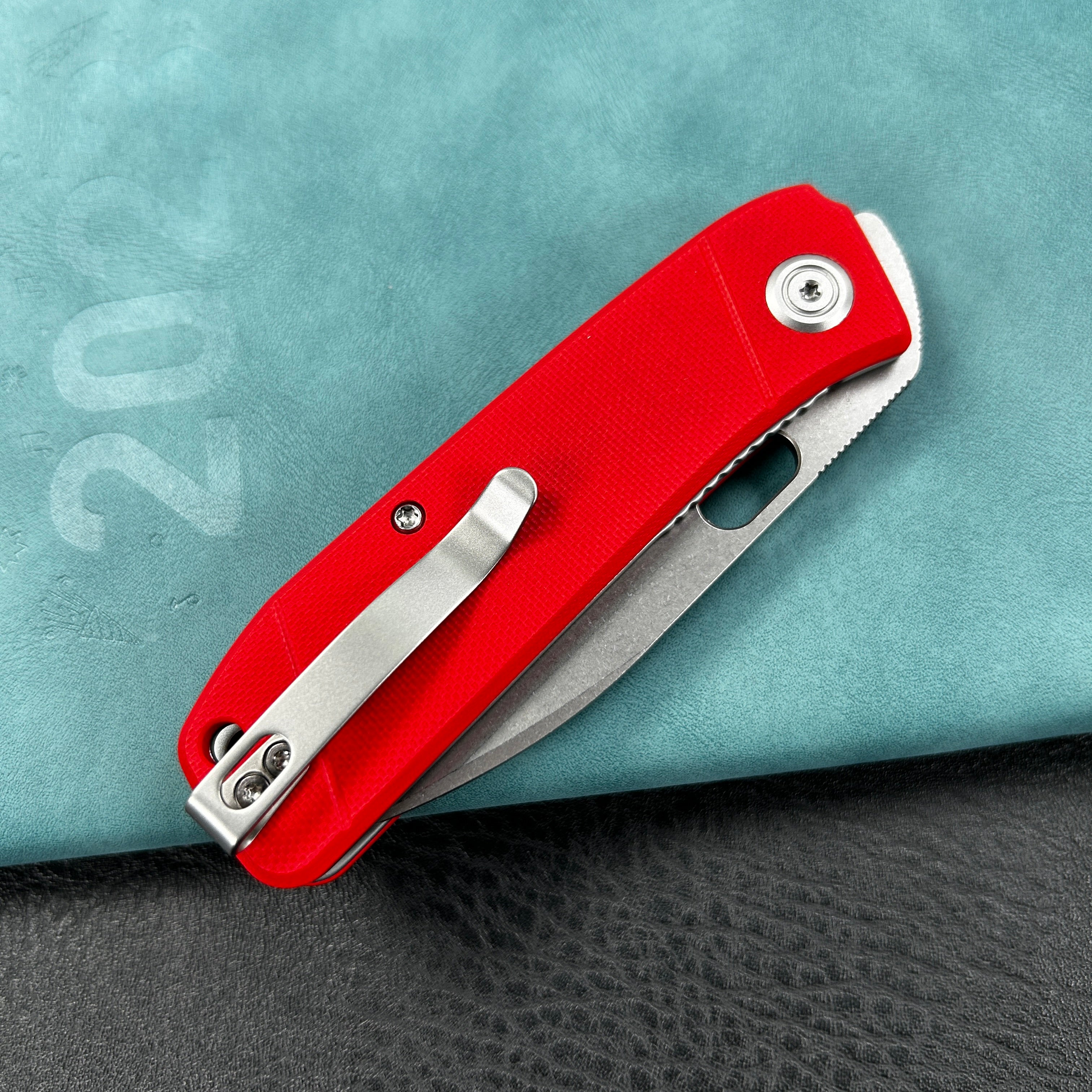 KUBEY KU2104G Hyde Liner Lock Folding Knife Red G10 Handle 2.95" Bead Blasted 14C28N