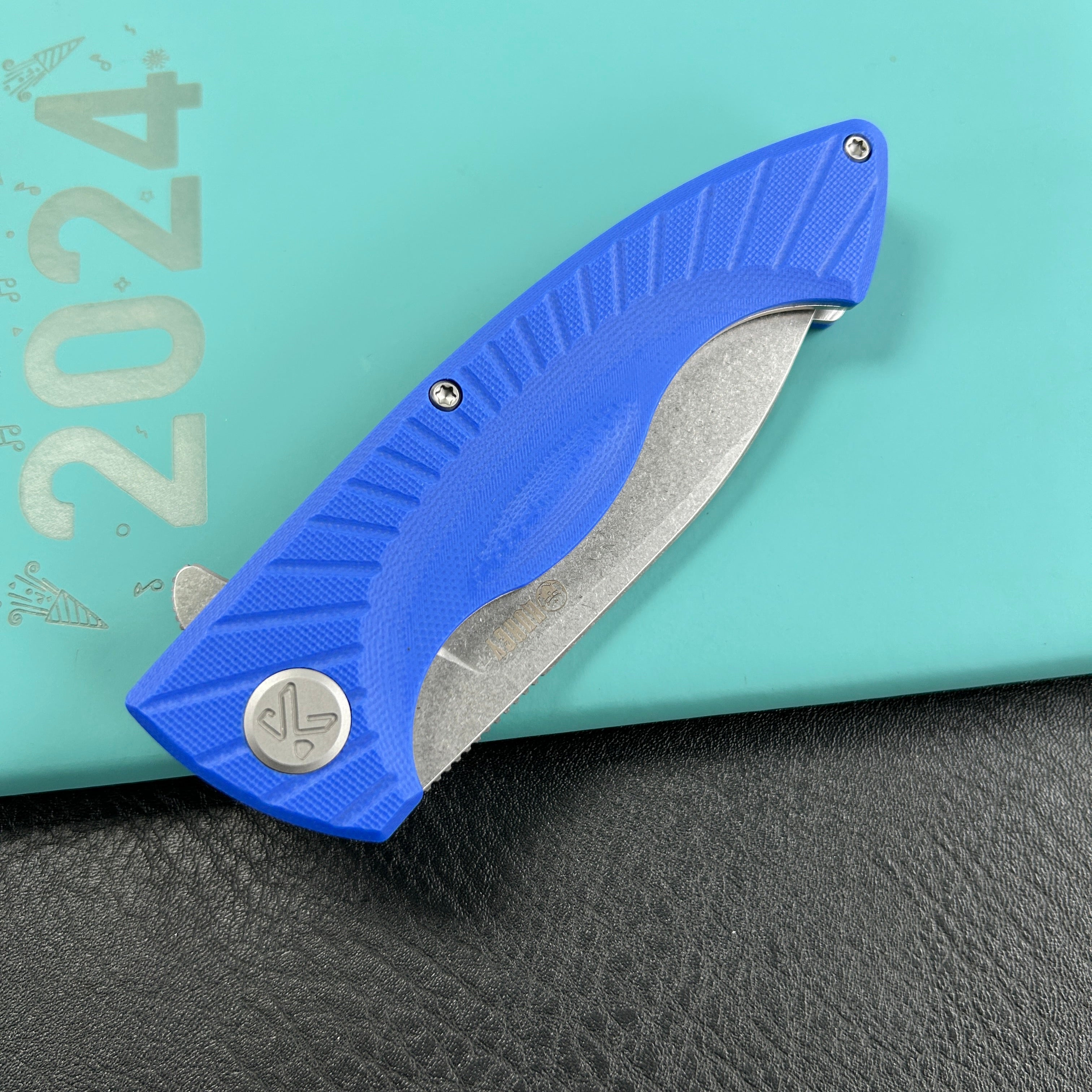 KUBEY KU208G  Timberwolf Flipper Outdoor Folding Knife Blue G-10 Handle 3.46" Stonewash 14C28N Blade