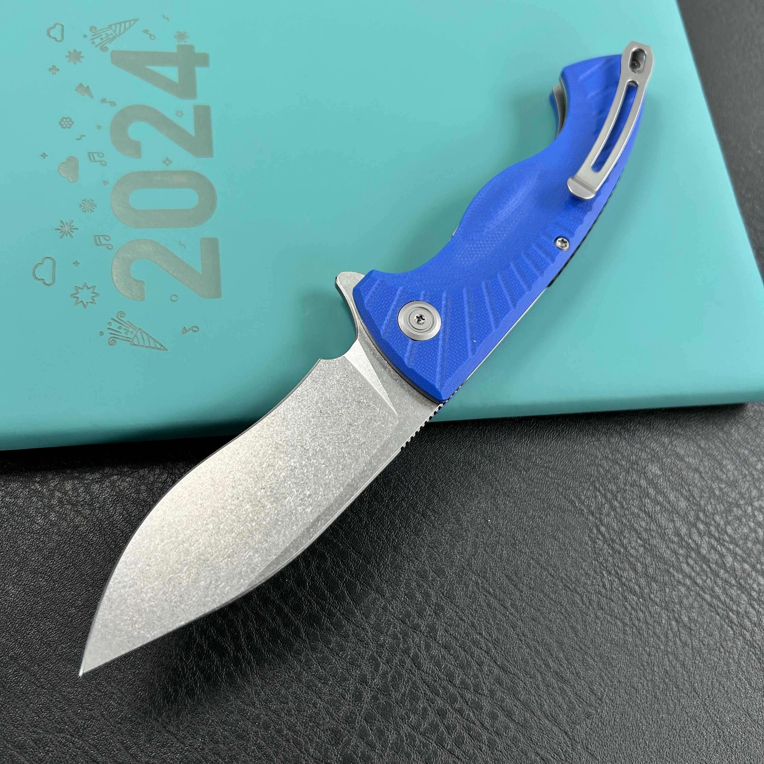 KUBEY KU208G  Timberwolf Flipper Outdoor Folding Knife Blue G-10 Handle 3.46" Stonewash 14C28N Blade