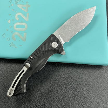 KUBEY KU208D Timberwolf Flipper Outdoor Folding Knife Black G-10 Handle 3.46" Stonewash 14C28N Blade