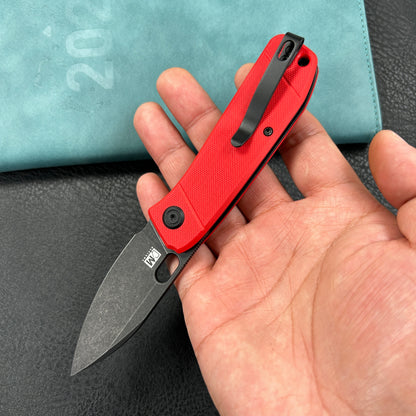 KUBEY KU2104F Hyde Liner Lock Folding Knife Red G10 Handle 2.95" Blackwash 14C28N