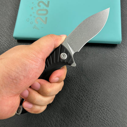 KUBEY KU208D Timberwolf Flipper Outdoor Folding Knife Black G-10 Handle 3.46" Stonewash 14C28N Blade