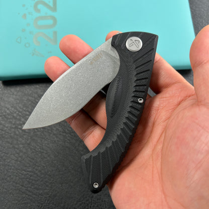 KUBEY KU208D Timberwolf Flipper Outdoor Folding Knife Black G-10 Handle 3.46" Stonewash 14C28N Blade