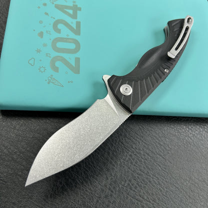 KUBEY KU208D Timberwolf Flipper Outdoor Folding Knife Black G-10 Handle 3.46" Stonewash 14C28N Blade